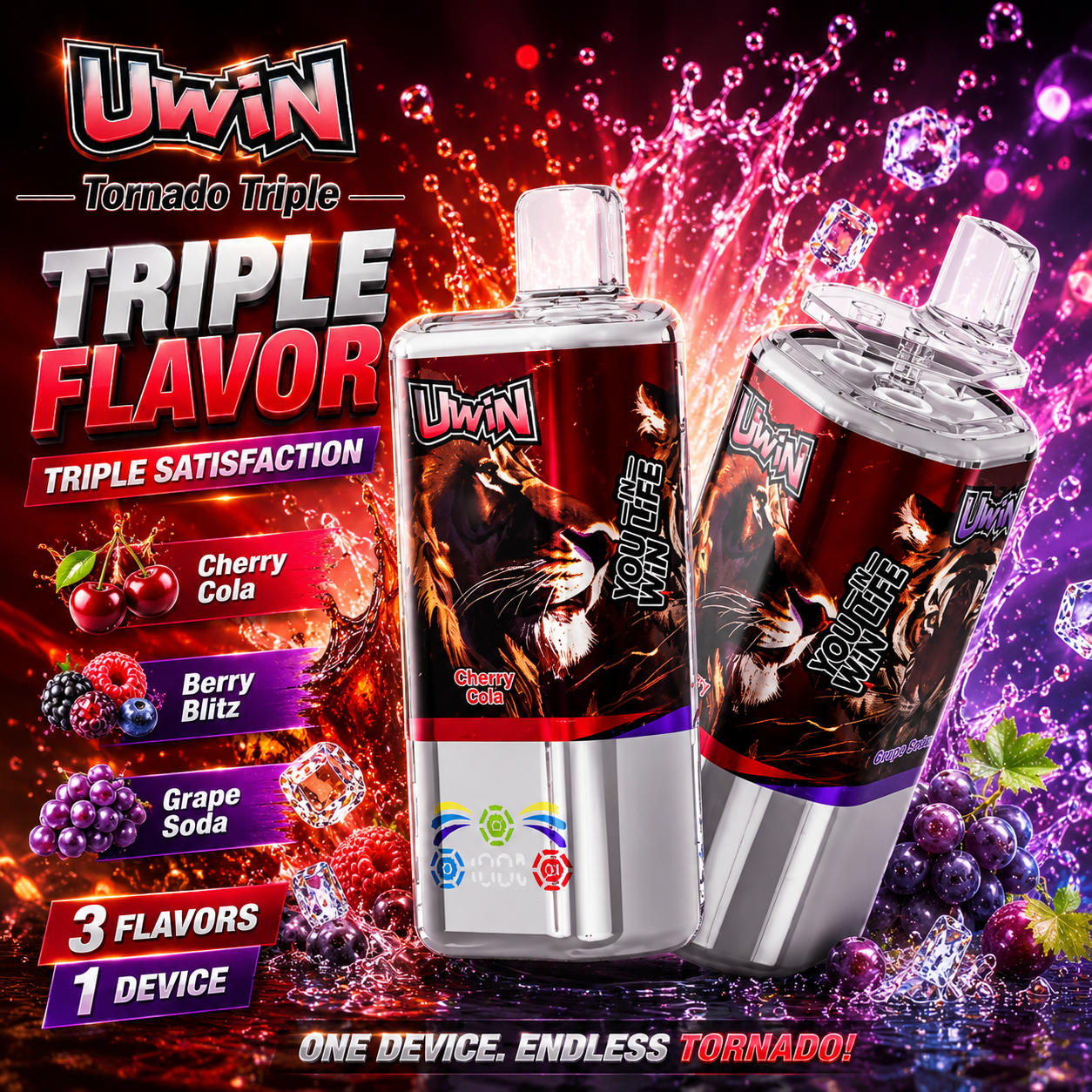 Uwin Tornado Triple 60000 60K Puffs 3 in 1 Flavors Original Rechargeable LED Display Disposable Vape