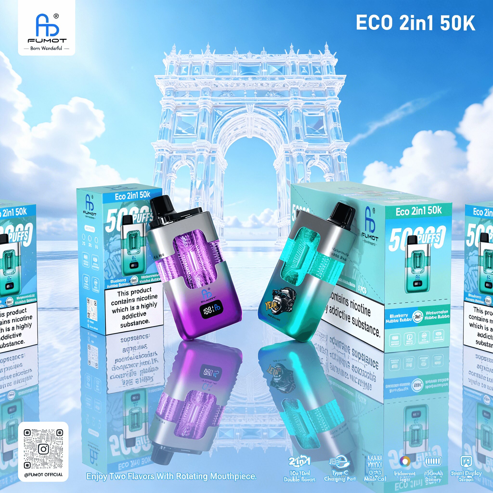 【New Arrive】Fumot RANDM ECO 2in1 50000 50K Puffs Double Flavors Smart Display Original Rechargeable Disposable Vape