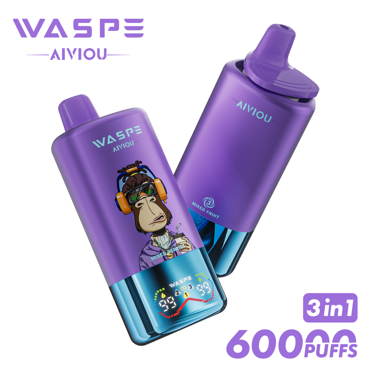 WASPE 60000 60k Puffs 3 in 1 Flavors Newest Original Rechargeable LED Display Disposable Vape(Box of 10)