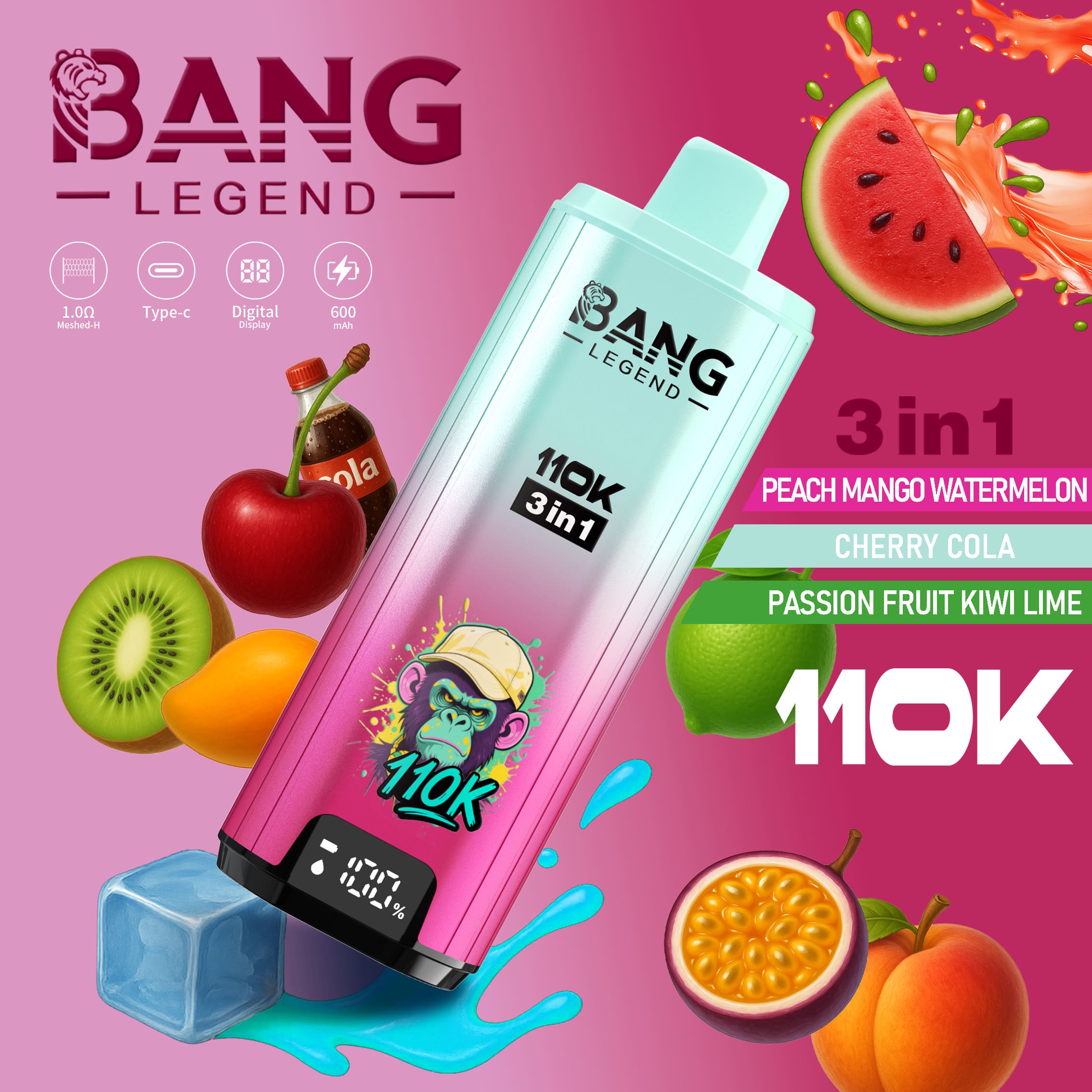 【New Arrive】Bang Legend 110000 Puffs 3in1 Vape – Ultra Long-Lasting, Mesh Coil, Type-C Charging