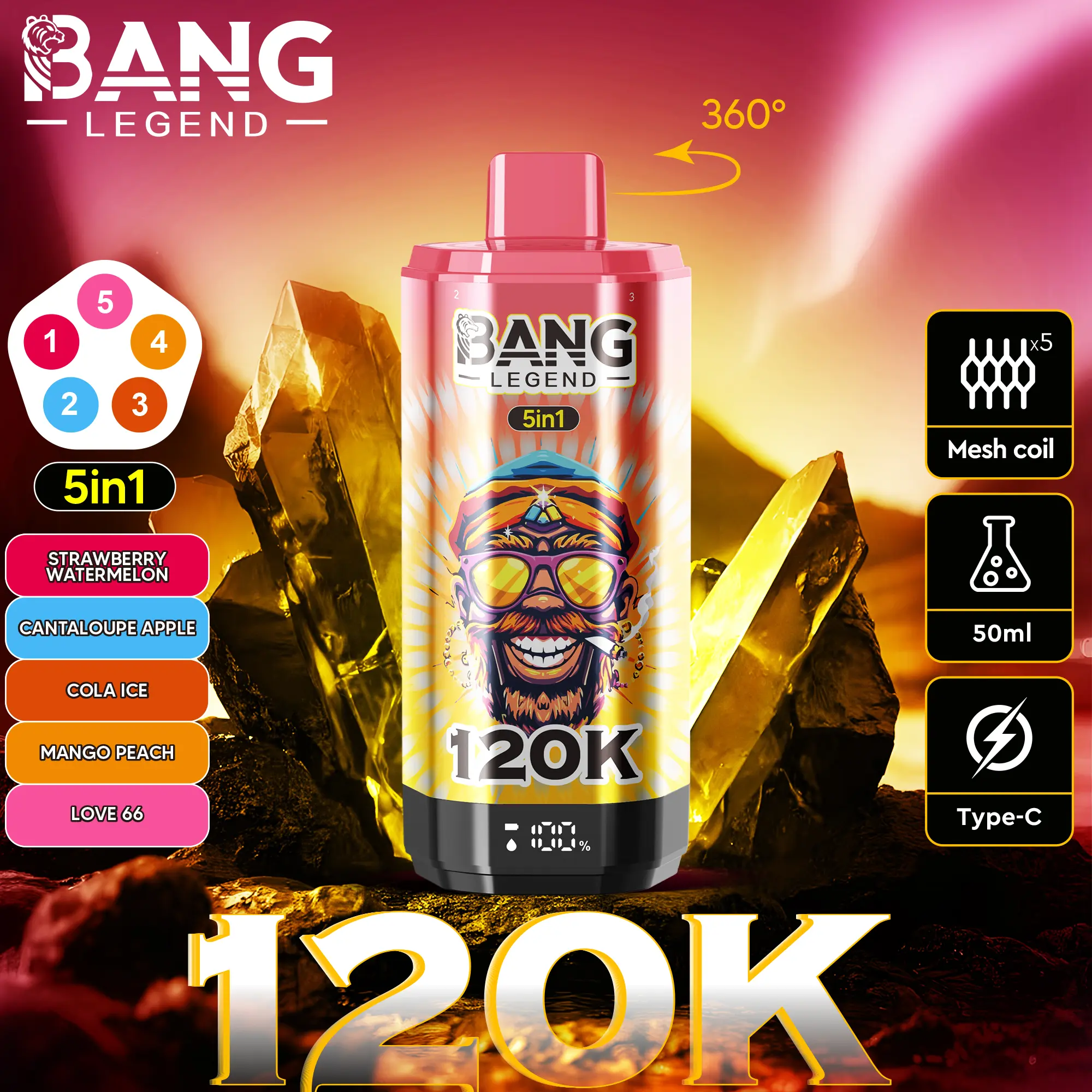 【New Arrive】Bang Legend 120000 120K Puffs 5 in 1 Flavors Newest Original Rechargeable LCD Display Disposable Vape
