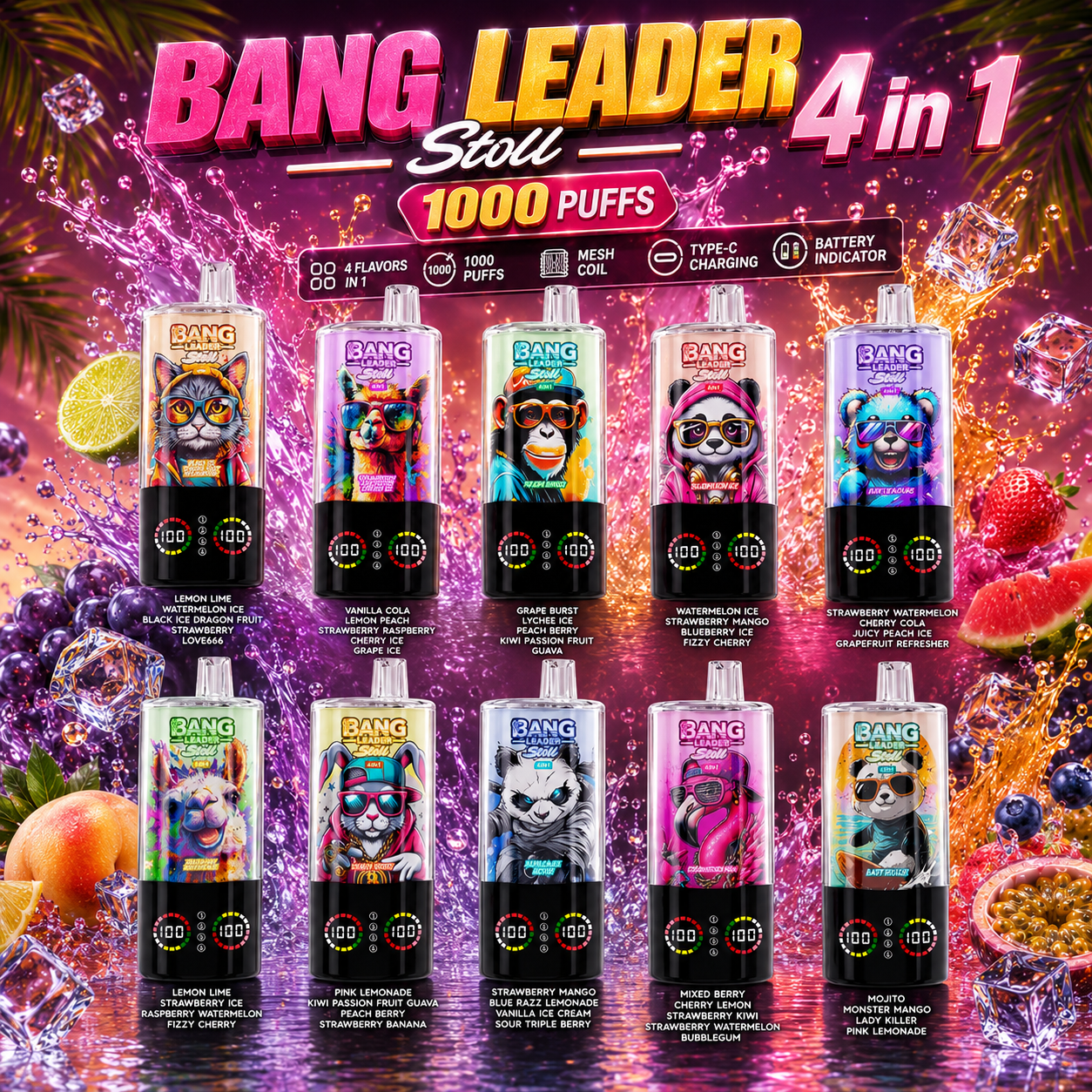 Bang Leader Stoll 100K 100000 Puffs 4 in 1 Flavors & Quad Mesh Coil LED Display Disposable Vape