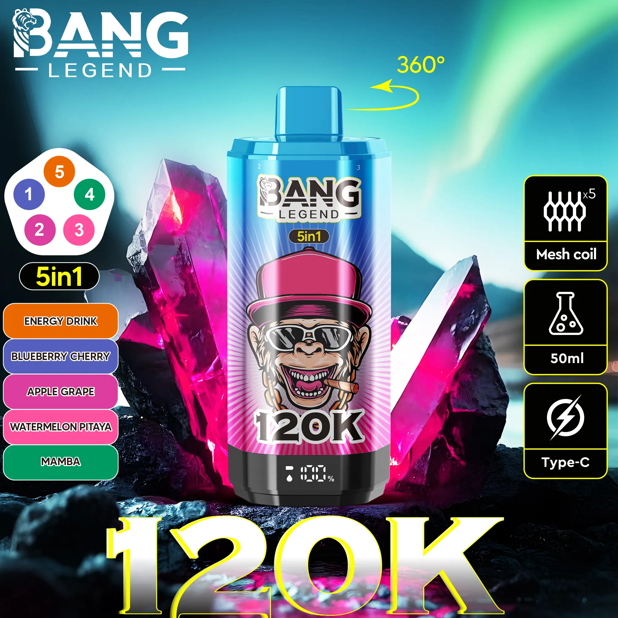 【New Arrive】Bang Legend 120000 120K Puffs 5 in 1 Flavors Newest Original Rechargeable LCD Display Disposable Vape