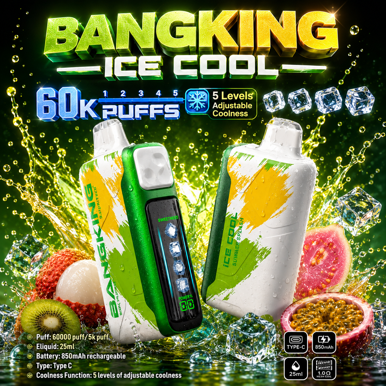 Bang King Ice Cool 60000 60K Puffs Original Adjustable Ice level LED Display Disposable Vape