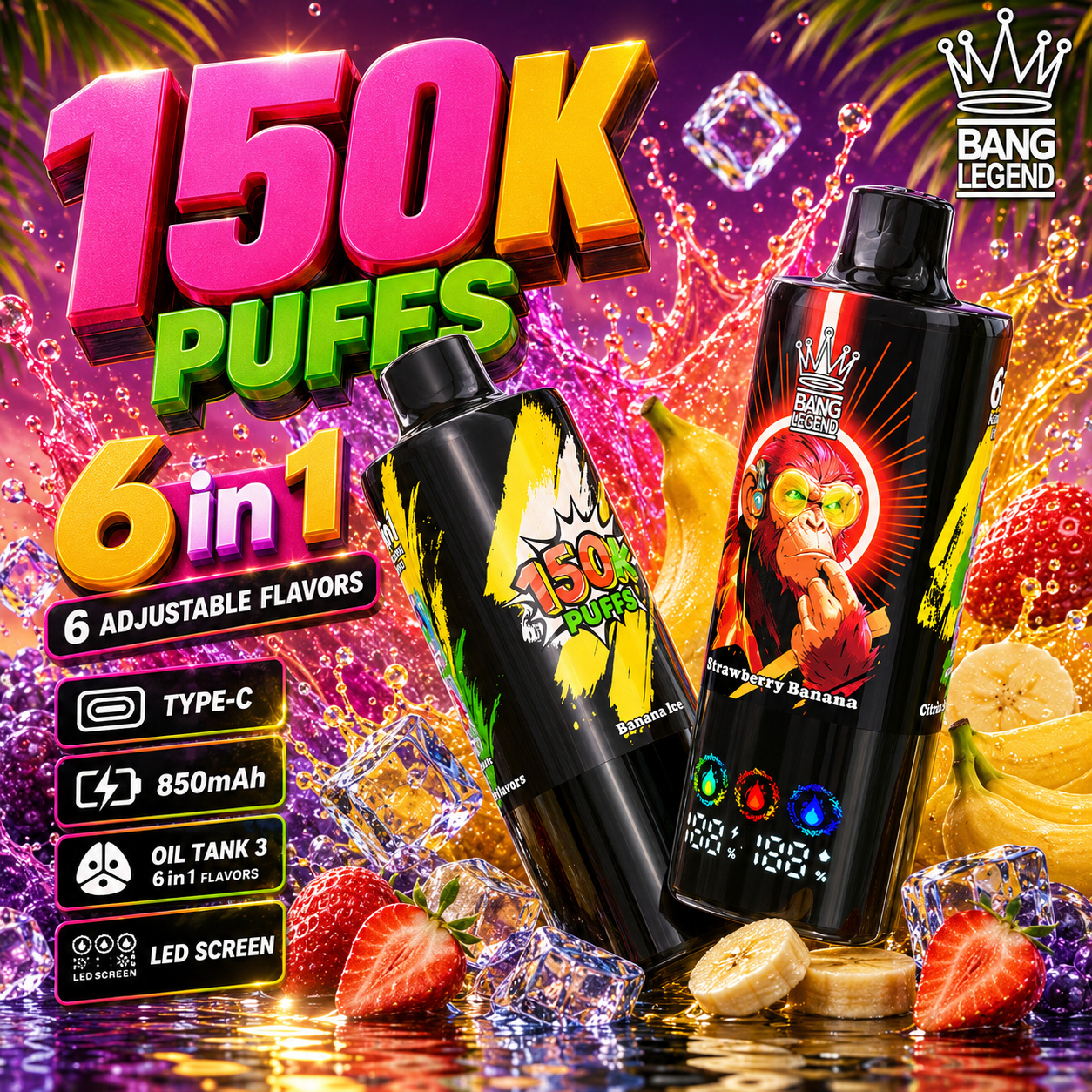 Bang Legend 150000 150K Puffs 6 in 1 Flavors Newest Original Rechargeable LED Display Disposable Vape