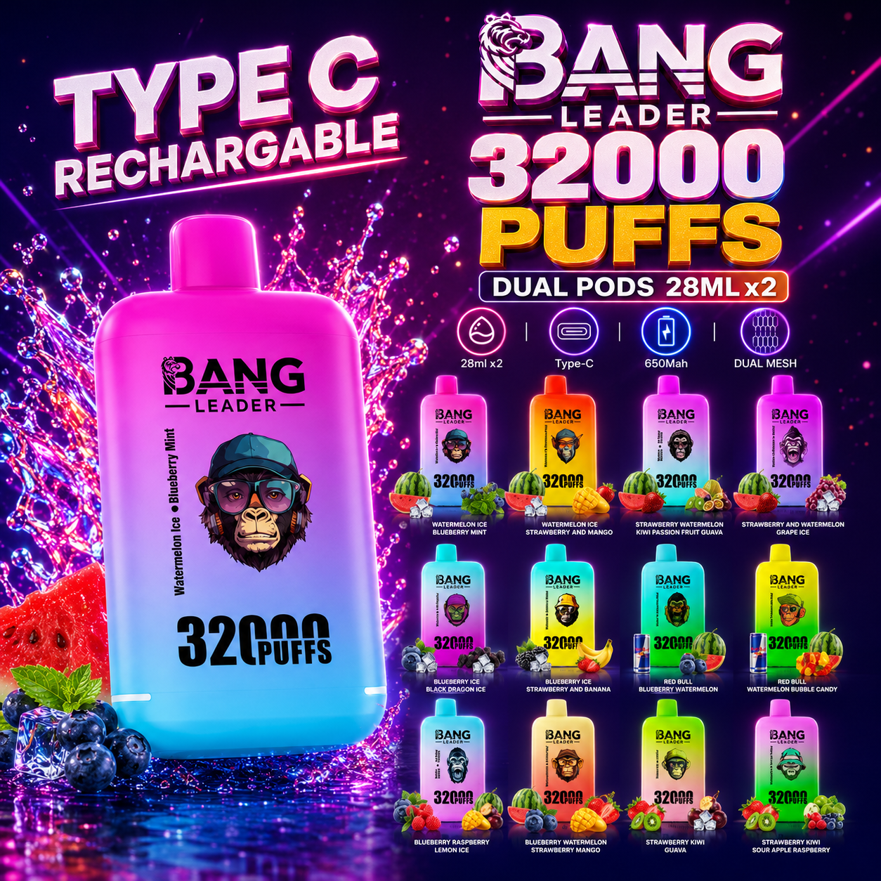 Bang Leader 32000 32k Puffs 0% 2% 3% 5% Nicotine  Double Taste Disposable Vape