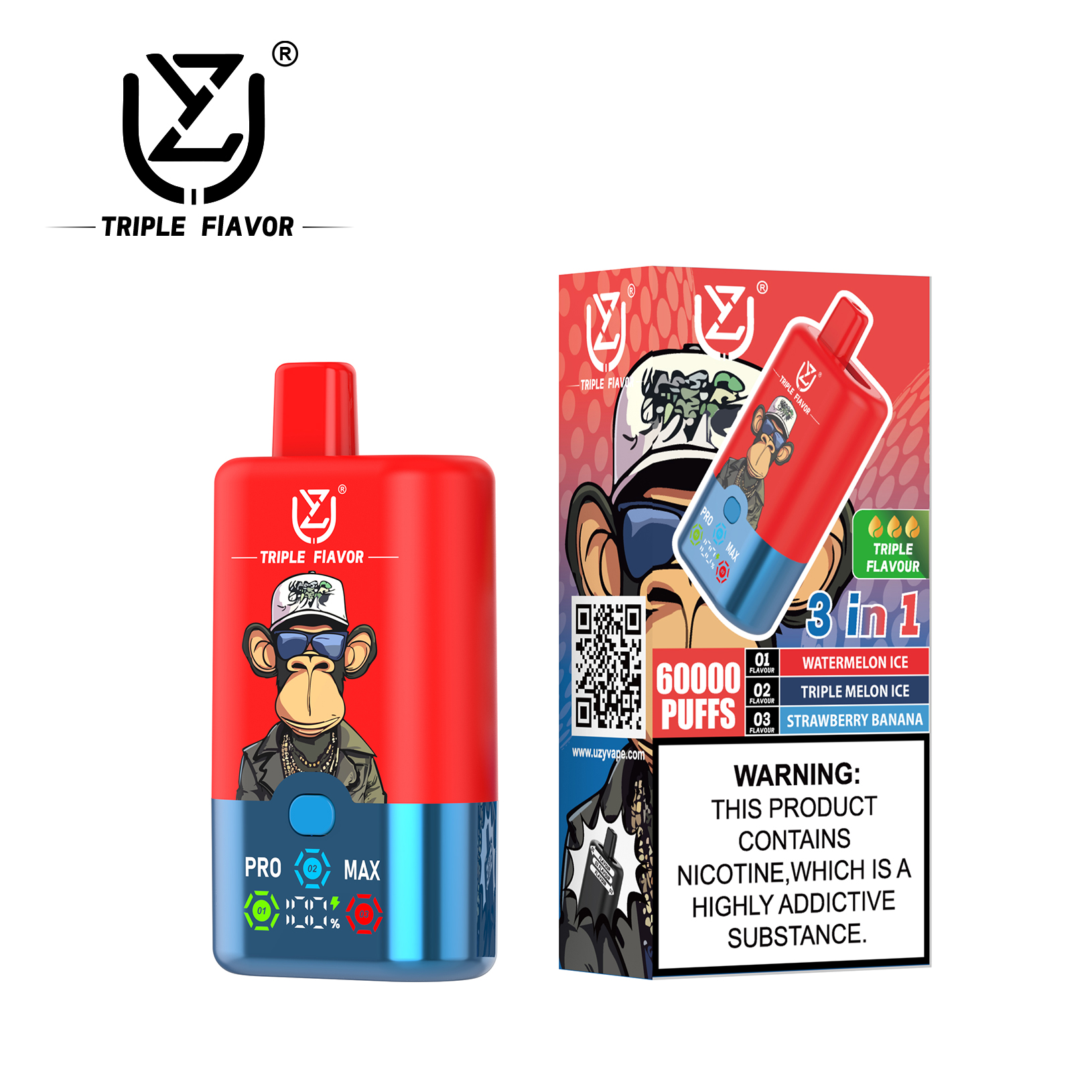 UZY Triple Flavor 60000 60K Puffs 3 in 1 Flavors Newest Original Rechargeable LED Display Disposable Vape(Box of 10)