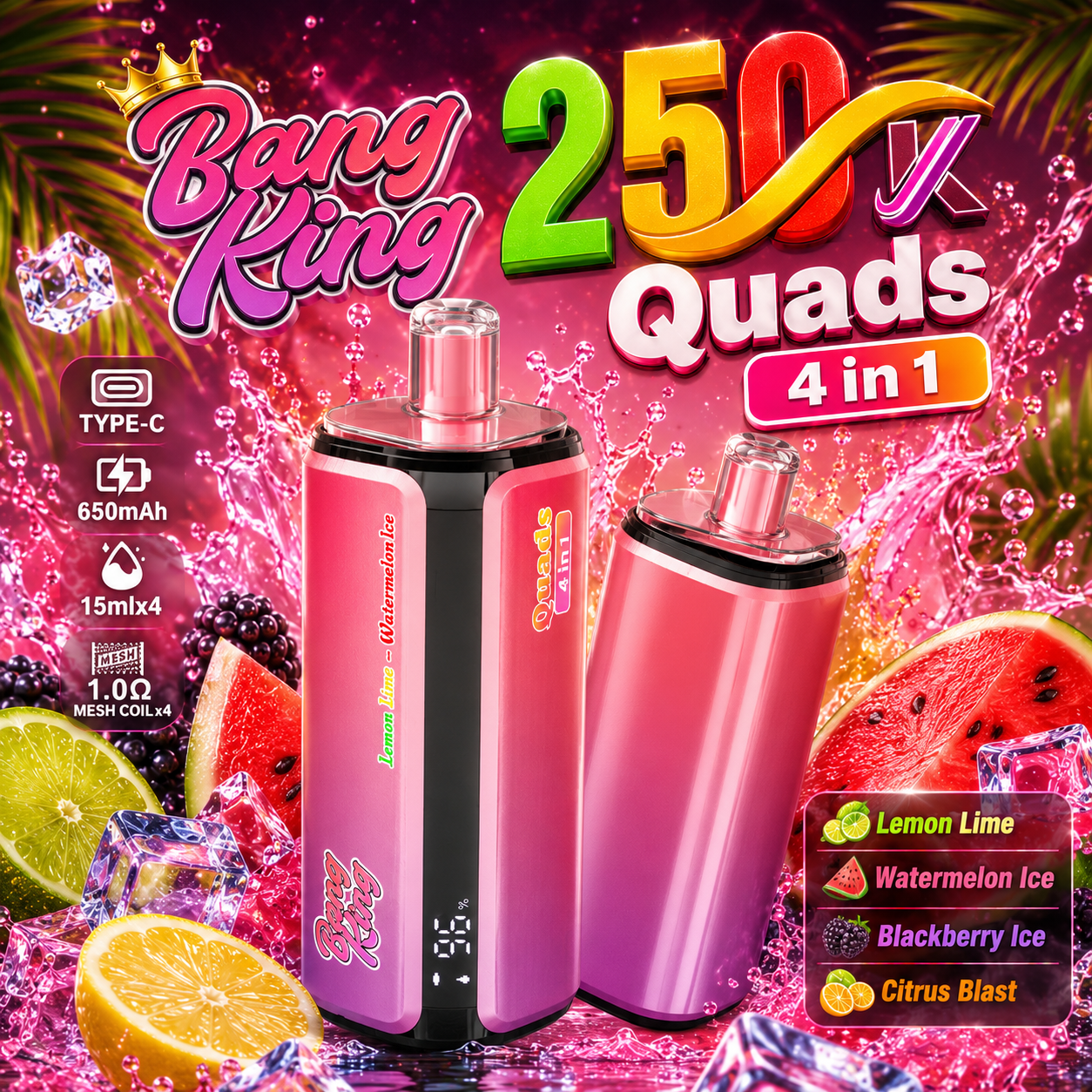 Bang King 250000 Puffs 4-in-1 Vape – Ultra High Capacity | Mesh Coil | Type-C Rechargeable