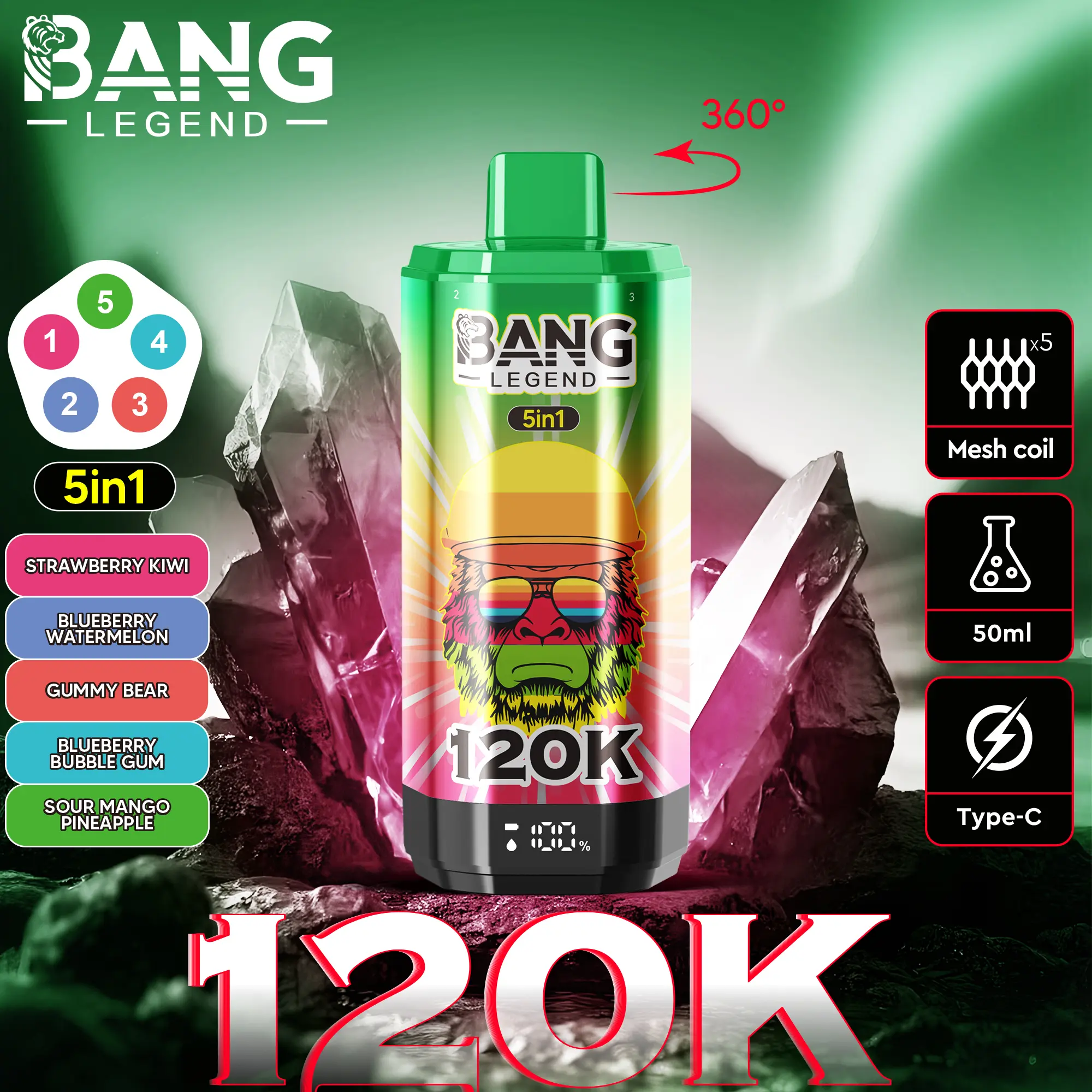 【New Arrive】Bang Legend 120000 120K Puffs 5 in 1 Flavors Newest Original Rechargeable LCD Display Disposable Vape