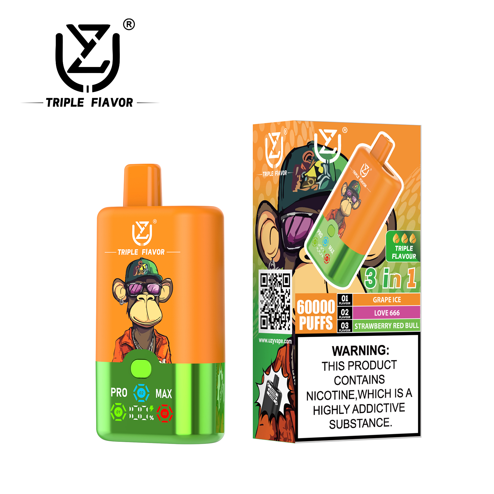 UZY Triple Flavor 60000 60K Puffs 3 in 1 Flavors Newest Original Rechargeable LED Display Disposable Vape(Box of 10)