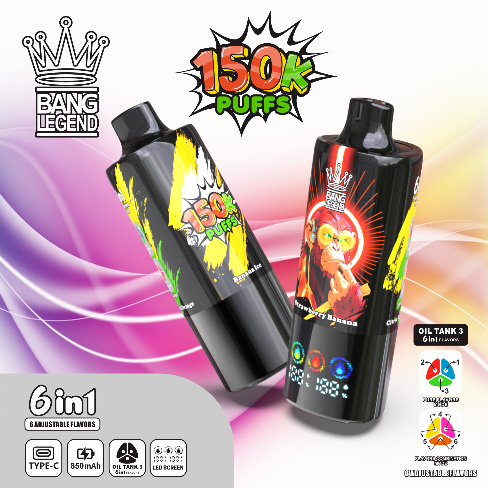 【New Arrive】Bang Legend 150000 150K Puffs 6 in 1 Flavors Newest Original Rechargeable LED Display Disposable Vape