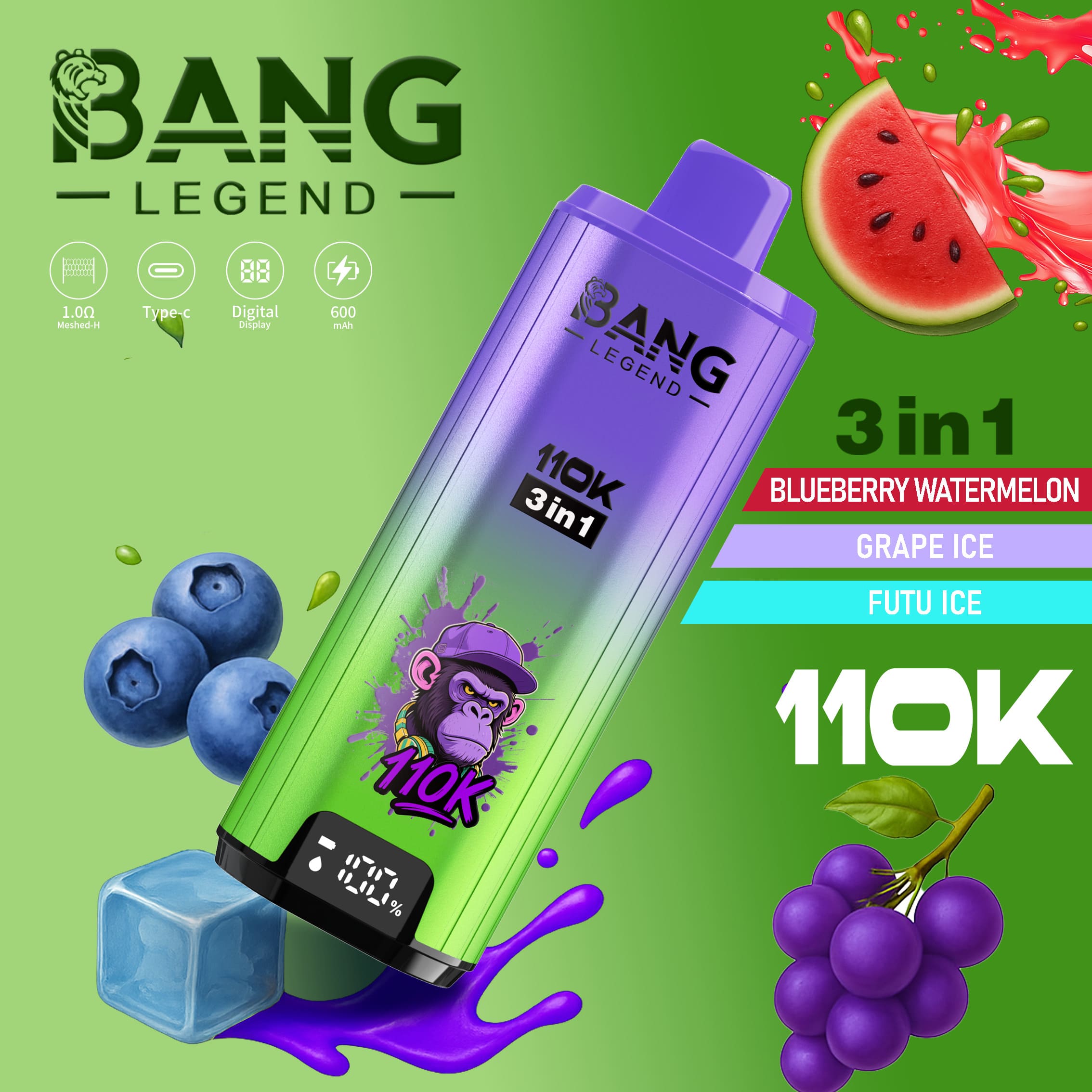 【New Arrive】Bang Legend 110000 Puffs 3in1 Vape – Ultra Long-Lasting, Mesh Coil, Type-C Charging