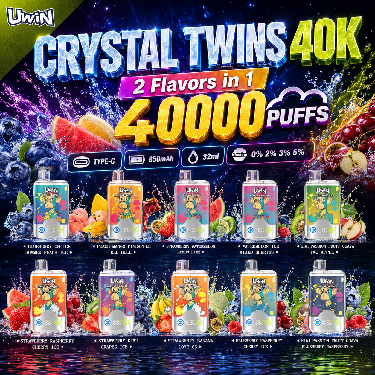 Uwin Twins Crystal 40000 40k Puffs Double Taste LED Display Disposable Vape