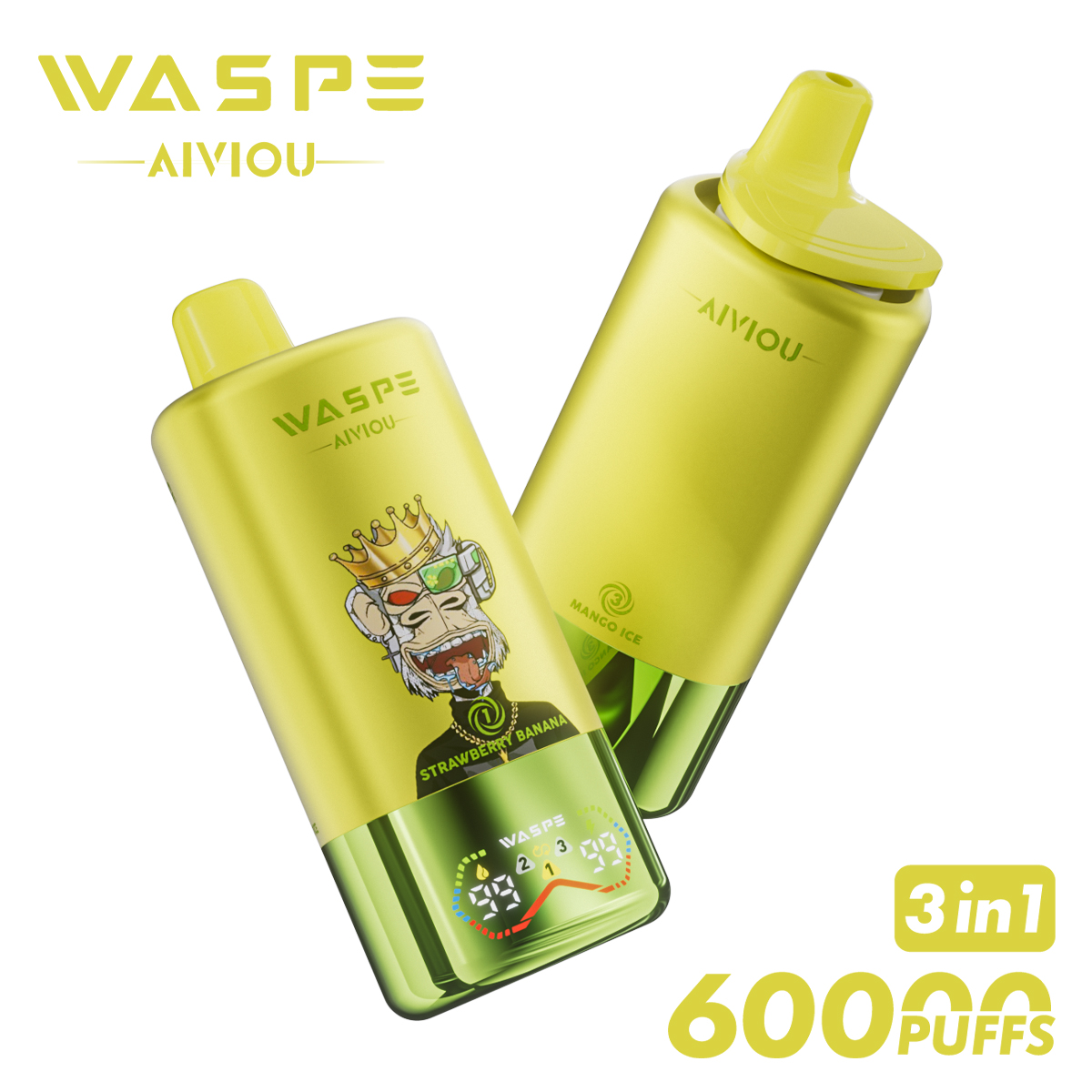 WASPE 60000 60k Puffs 3 in 1 Flavors Newest Original Rechargeable LED Display Disposable Vape(Box of 10)