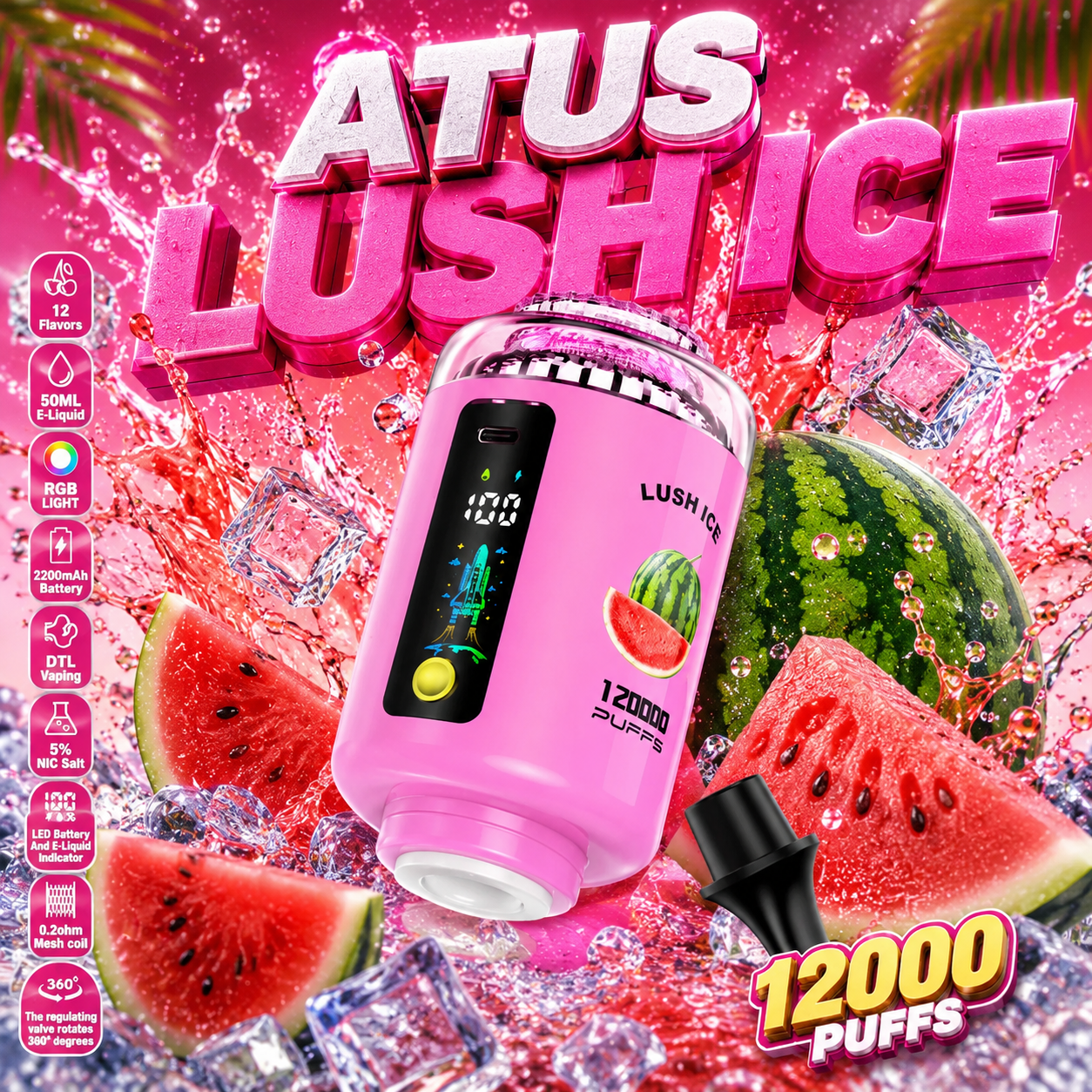 ATVS 120000 120K Puffs Hookah Head LED Display DTL Disposable Vape