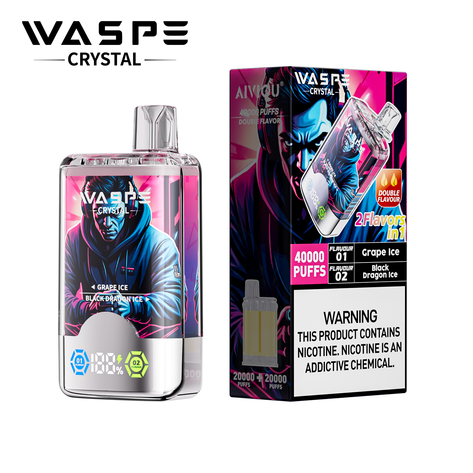 WASPE Crystal 40000 40K Puffs Double Taste LCD Display Disposable Vape(Box of 10)
