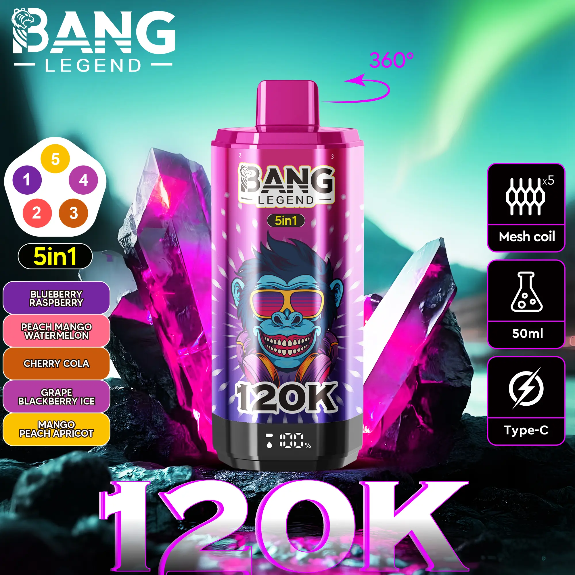 【New Arrive】Bang Legend 120000 120K Puffs 5 in 1 Flavors Newest Original Rechargeable LCD Display Disposable Vape