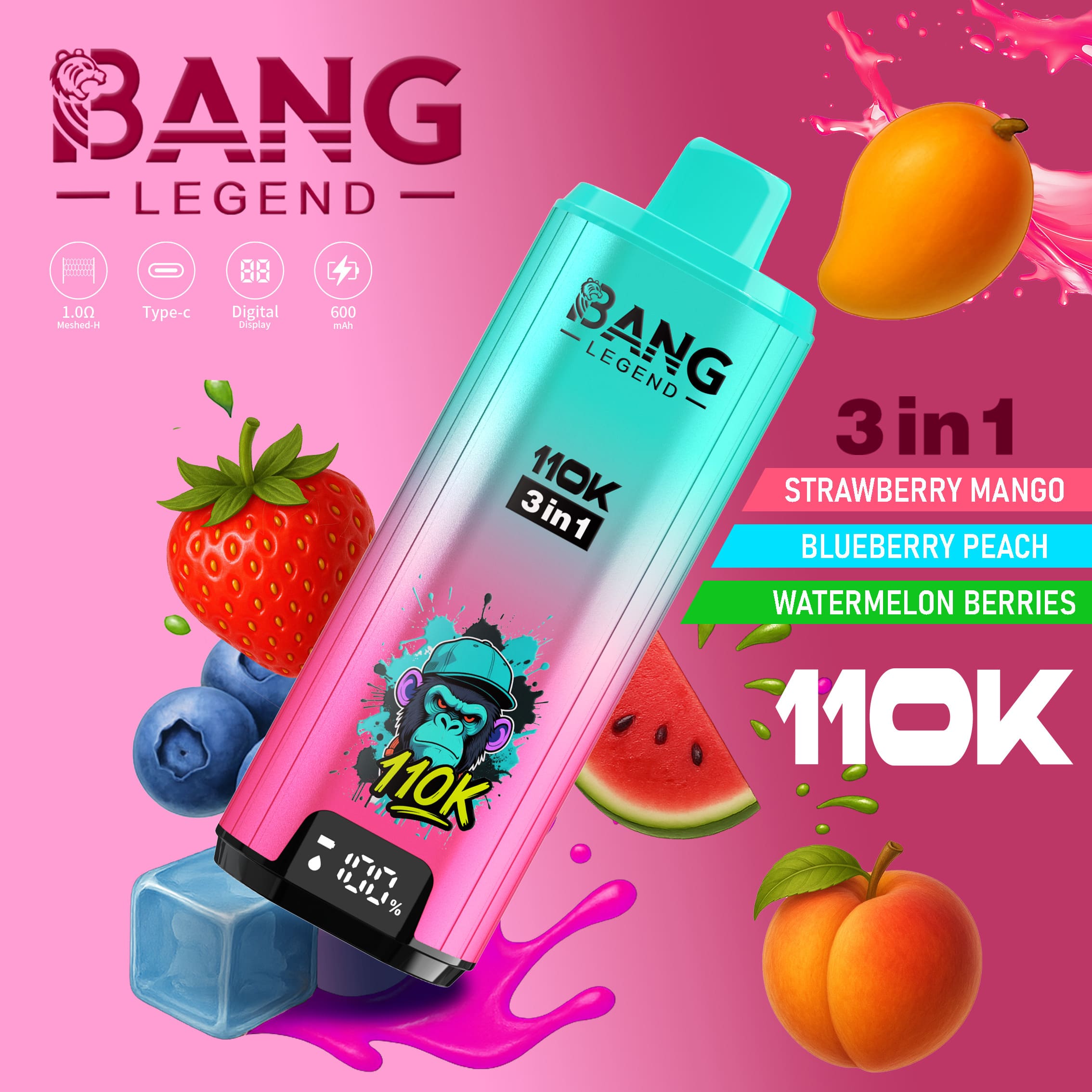 【New Arrive】Bang Legend 110000 Puffs 3in1 Vape – Ultra Long-Lasting, Mesh Coil, Type-C Charging