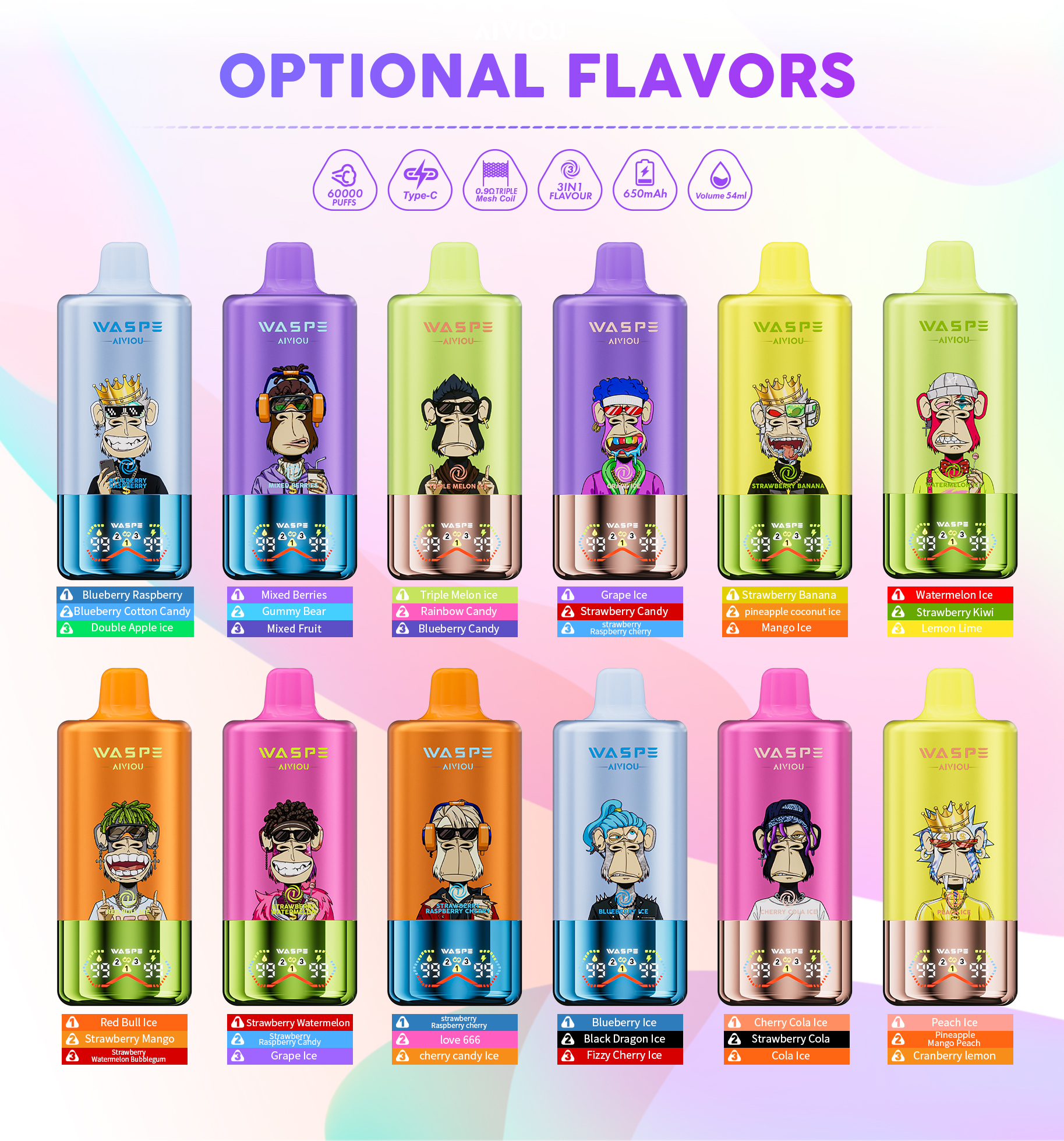 WASPE 60000 60k Puffs 3 in 1 Flavors Newest Original Rechargeable LED Display Disposable Vape(Box of 10)