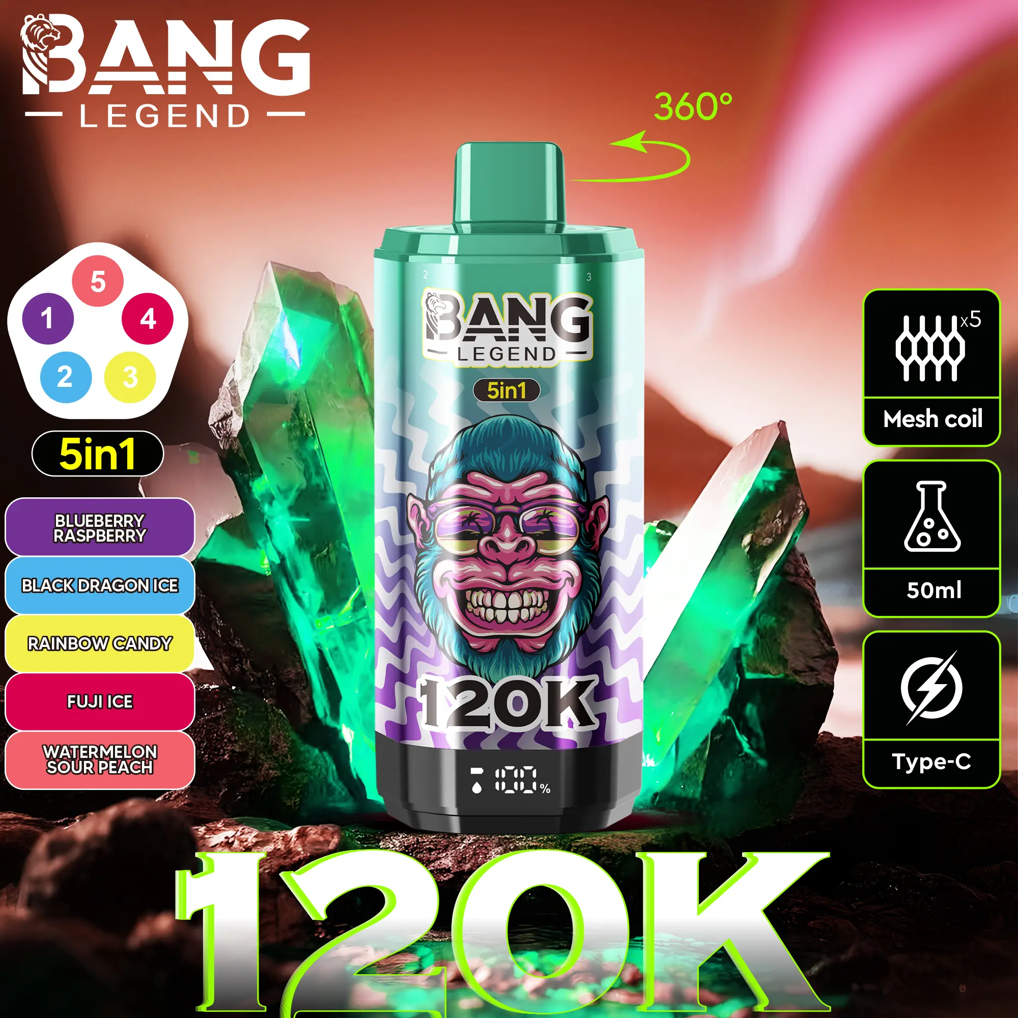 【New Arrive】Bang Legend 120000 120K Puffs 5 in 1 Flavors Newest Original Rechargeable LCD Display Disposable Vape