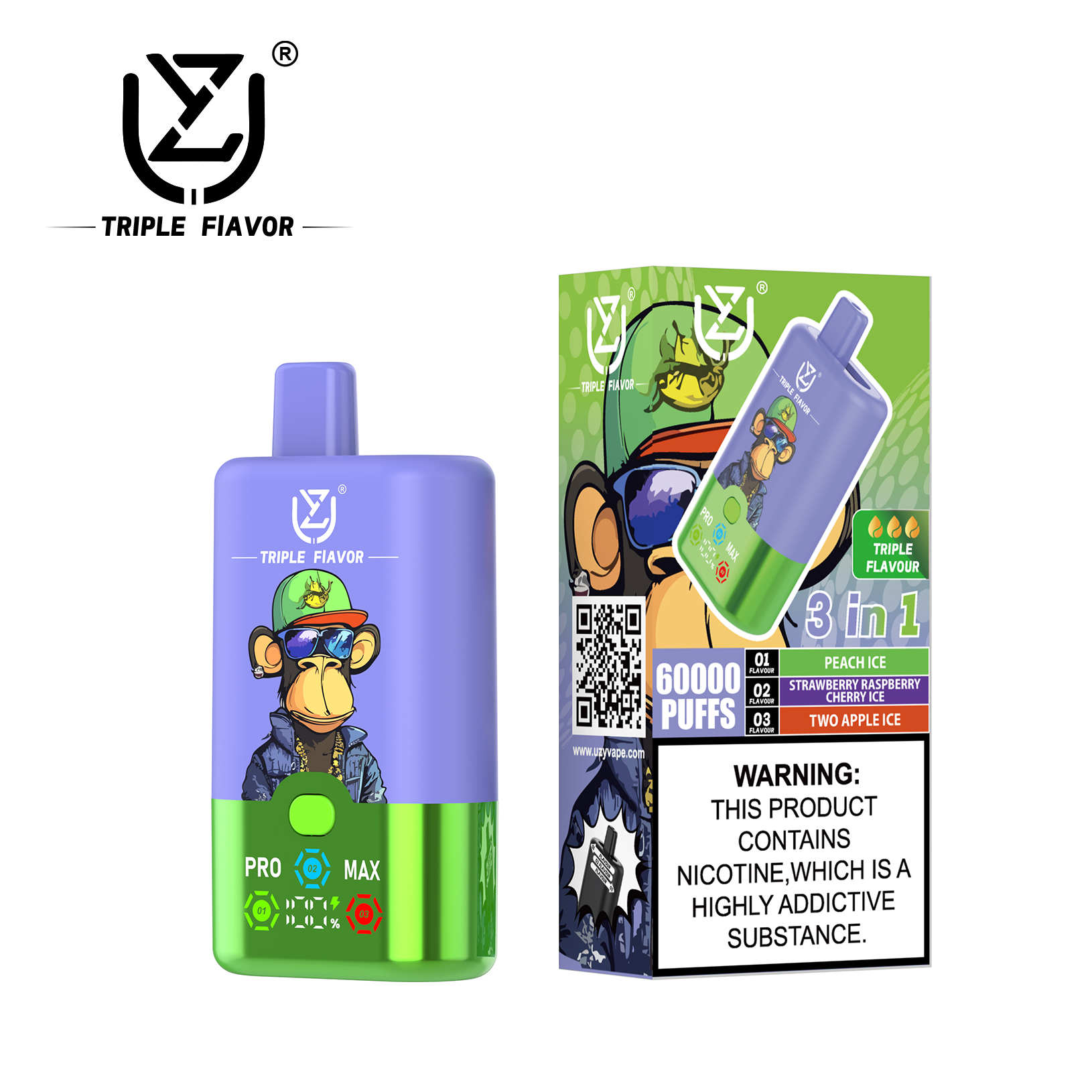 UZY Triple Flavor 60000 60K Puffs 3 in 1 Flavors Newest Original Rechargeable LED Display Disposable Vape(Box of 10)