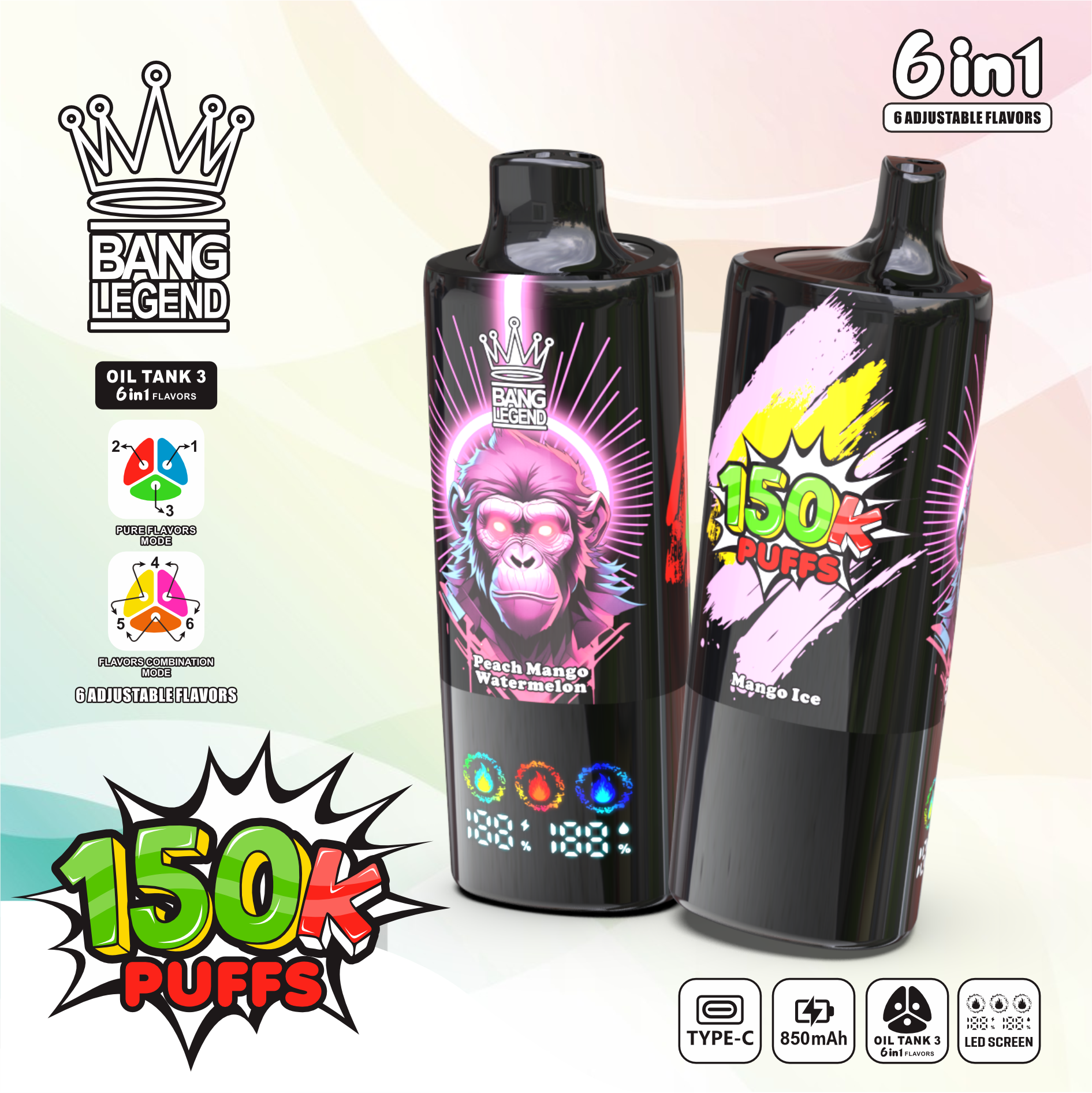 【New Arrive】Bang Legend 150000 150K Puffs 6 in 1 Flavors Newest Original Rechargeable LED Display Disposable Vape