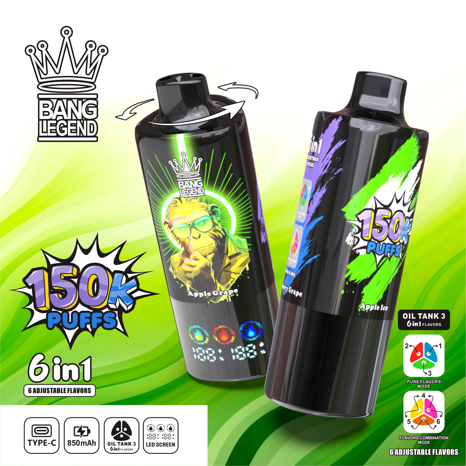 【New Arrive】Bang Legend 150000 150K Puffs 6 in 1 Flavors Newest Original Rechargeable LED Display Disposable Vape