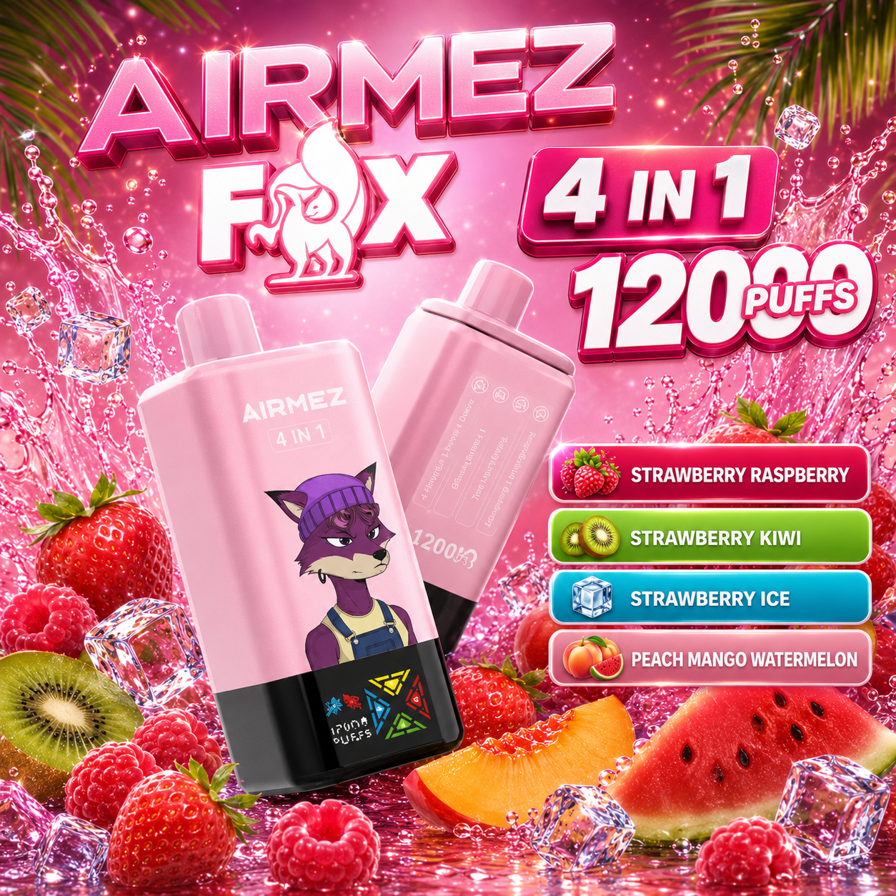 Airmez Fox 120K Puffs 4 in 1 Flavors Newest Original Rechargeable LCD Display Disposable Vape
