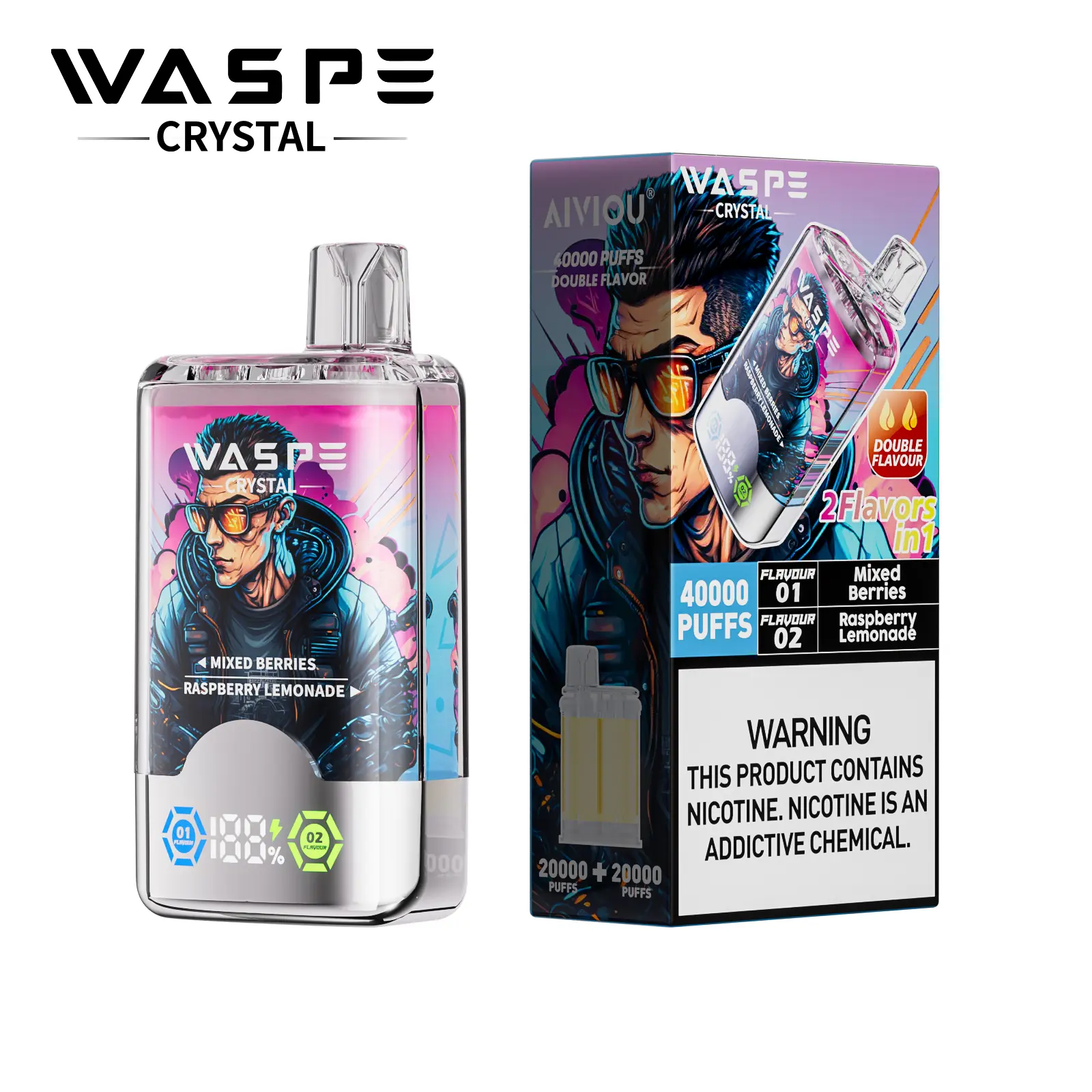 WASPE Crystal 40000 40K Puffs Double Taste LCD Display Disposable Vape(Box of 10)