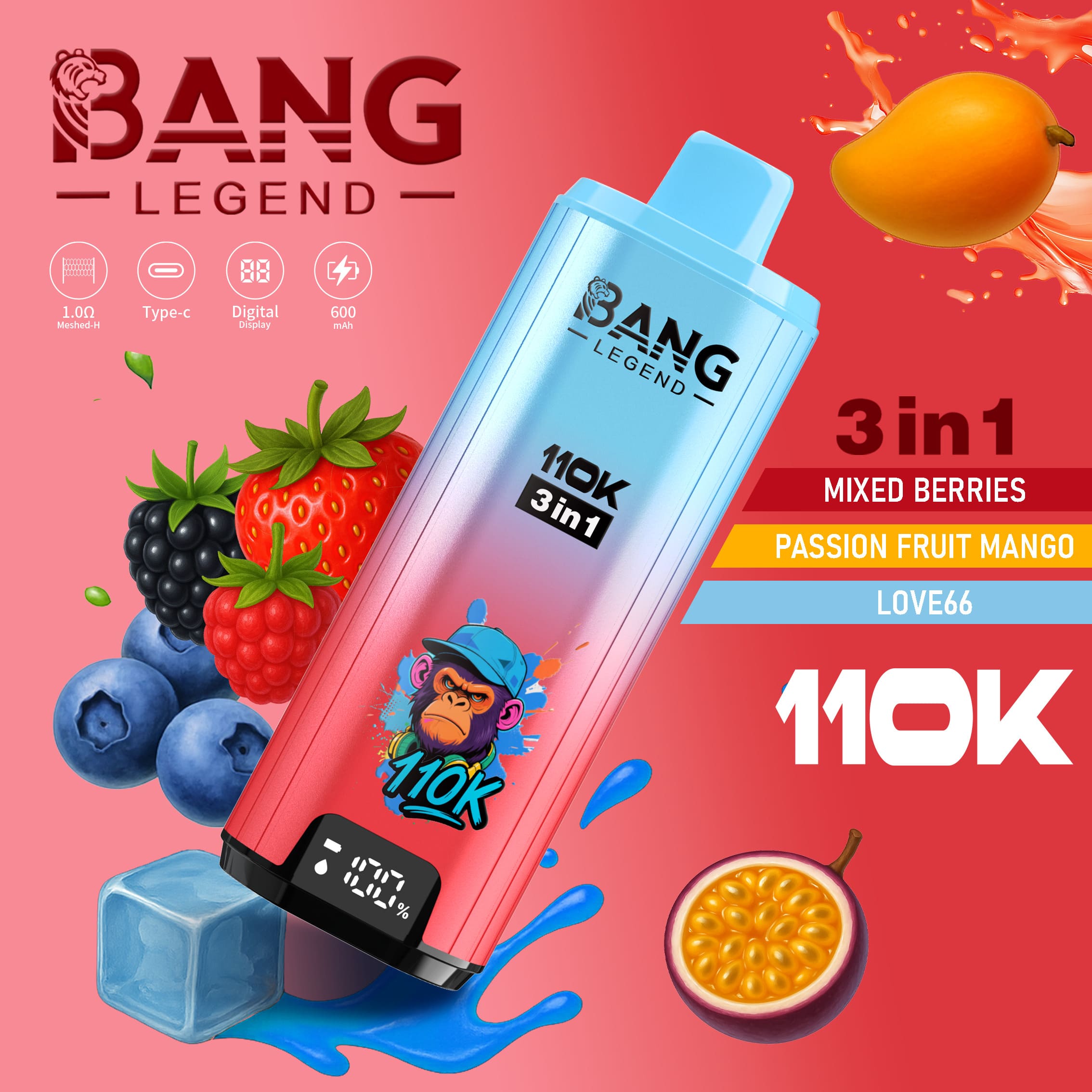 【New Arrive】Bang Legend 110000 Puffs 3in1 Vape – Ultra Long-Lasting, Mesh Coil, Type-C Charging