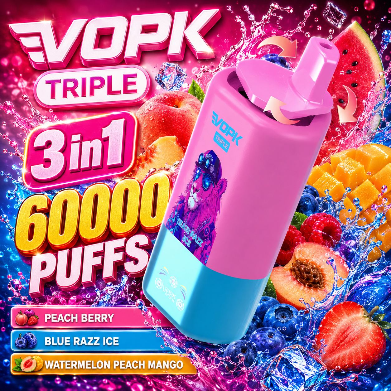 VOPK Triple 60000 60k Puffs 3 in 1 Flavors Newest Original Rechargeable LED Display Disposable Vape