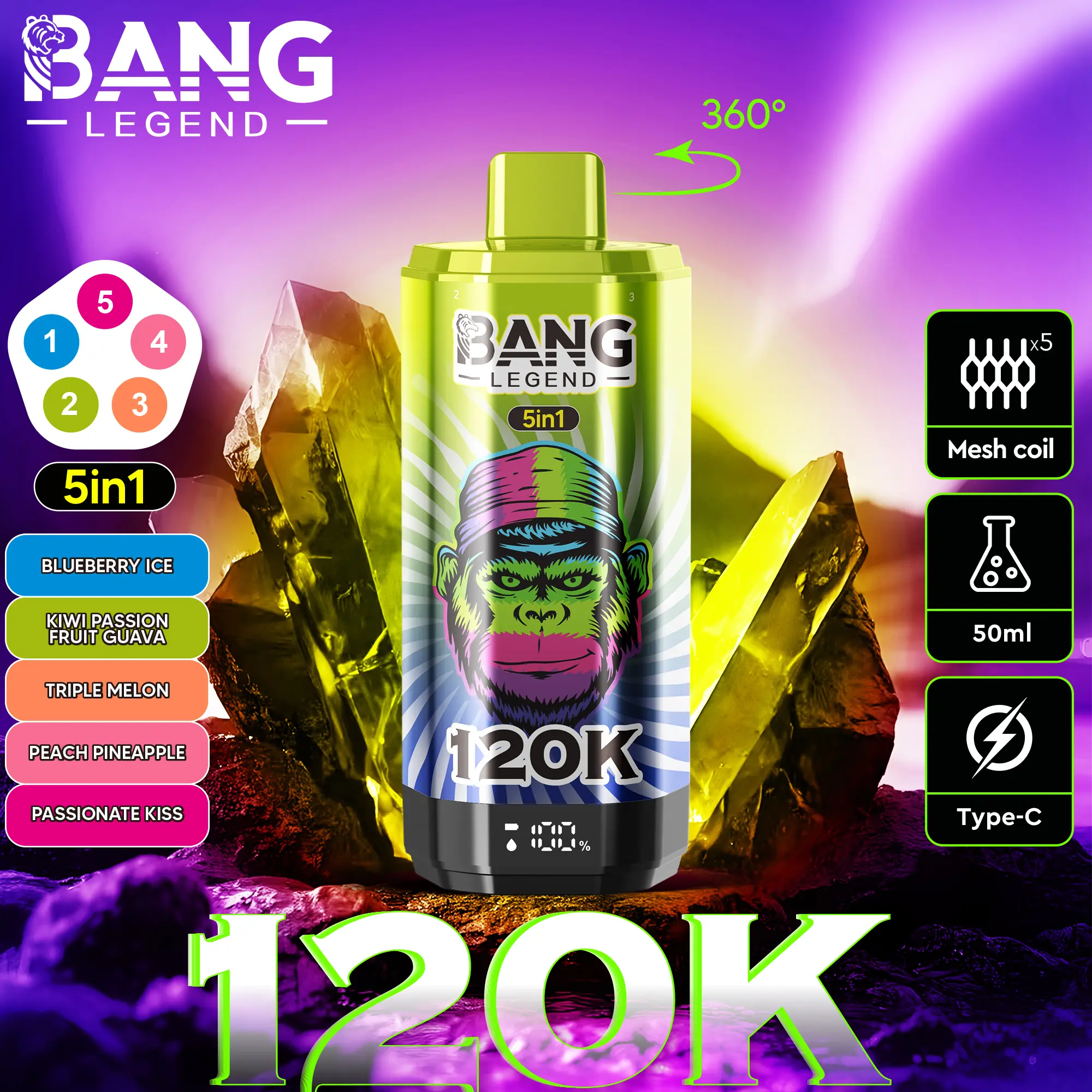 【New Arrive】Bang Legend 120000 120K Puffs 5 in 1 Flavors Newest Original Rechargeable LCD Display Disposable Vape