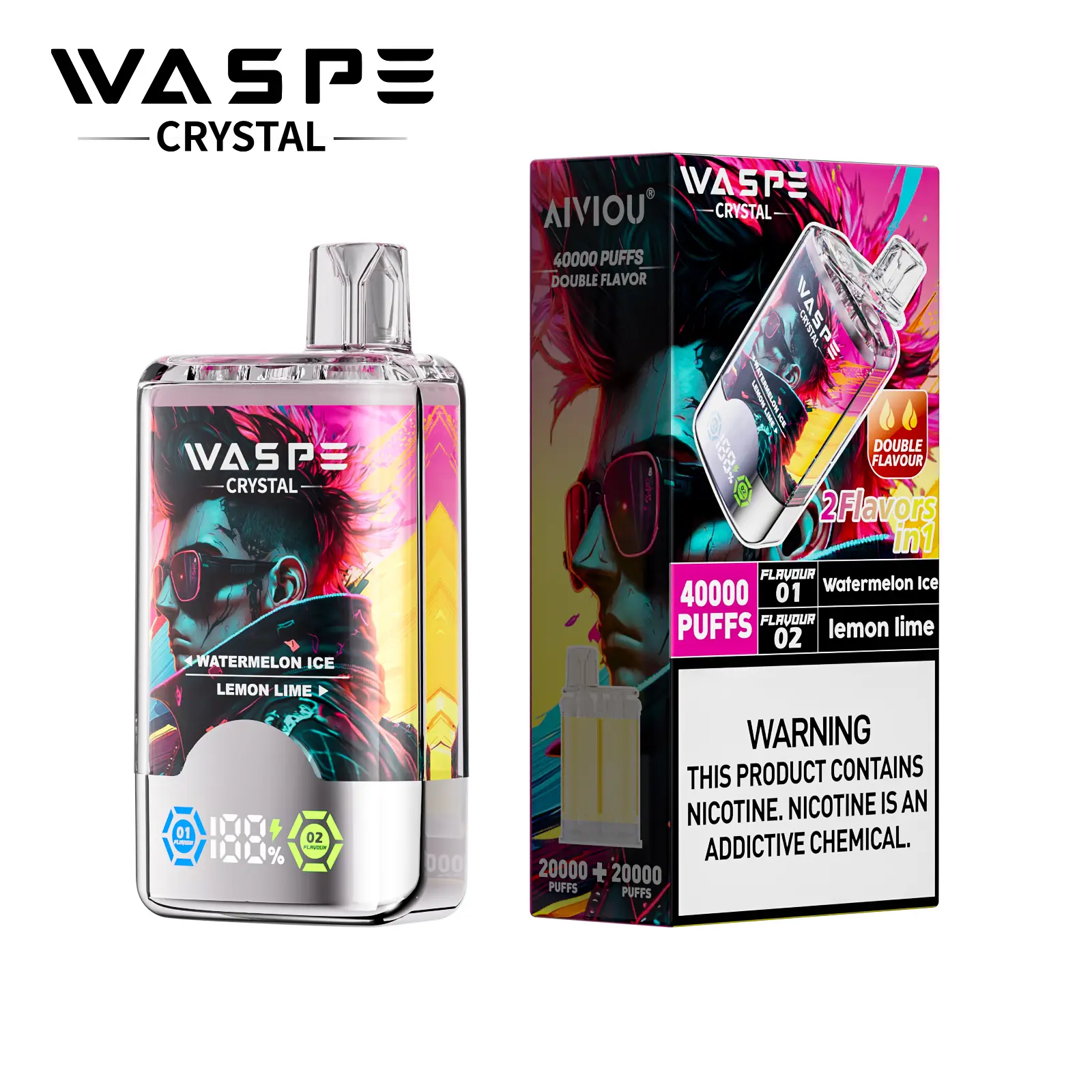 WASPE Crystal 40000 40K Puffs Double Taste LCD Display Disposable Vape(Box of 10)