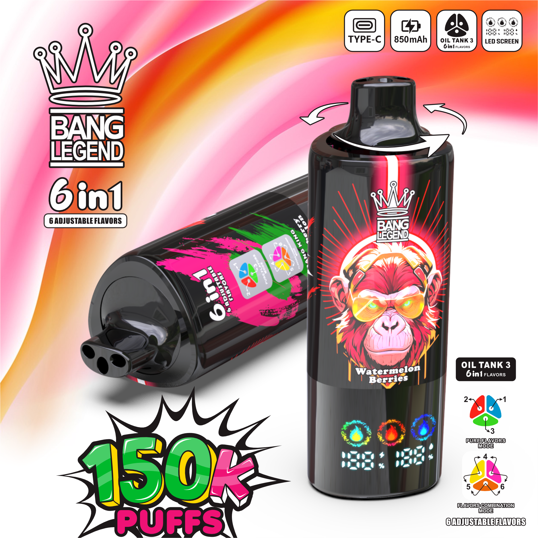 【New Arrive】Bang Legend 150000 150K Puffs 6 in 1 Flavors Newest Original Rechargeable LED Display Disposable Vape