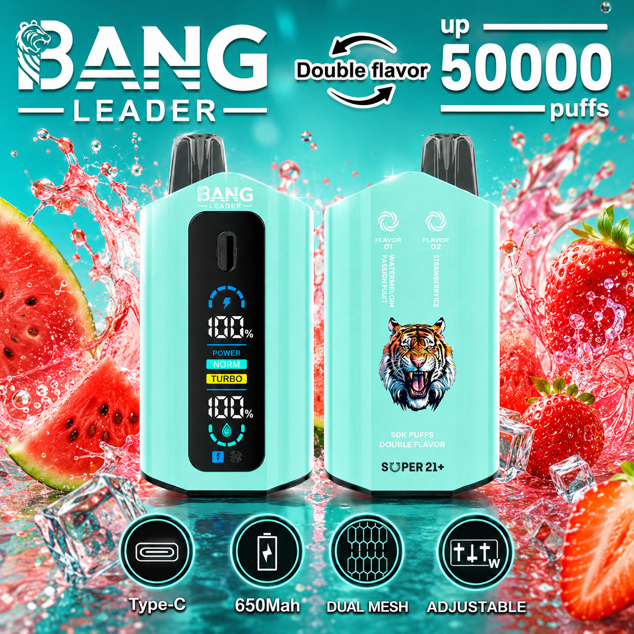 Bang Leader 50000 50K Puffs 2% 3% 5% Nicotine Double Taste LCD Display Disposable Vape(Box of 3)