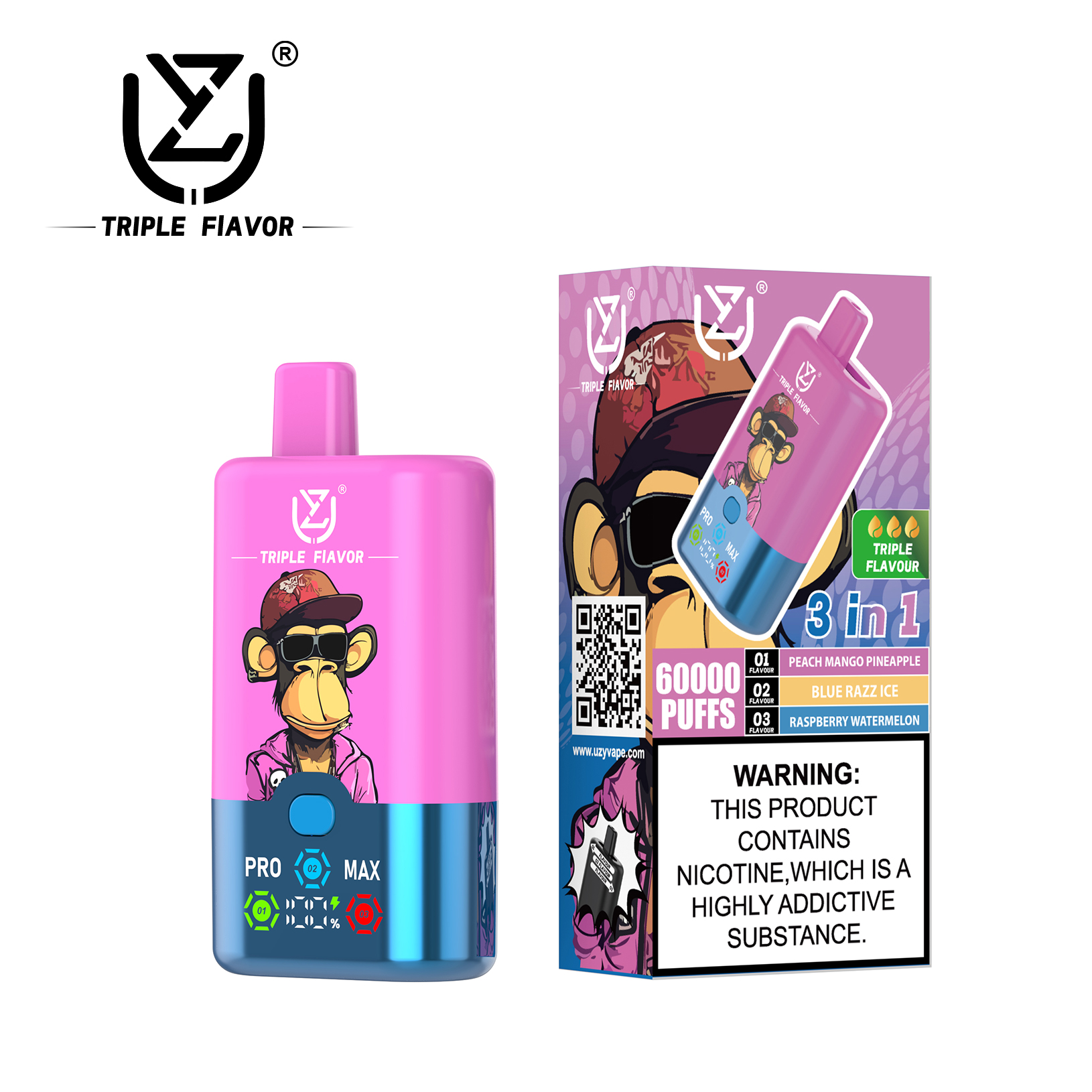 UZY Triple Flavor 60000 60K Puffs 3 in 1 Flavors Newest Original Rechargeable LED Display Disposable Vape(Box of 10)