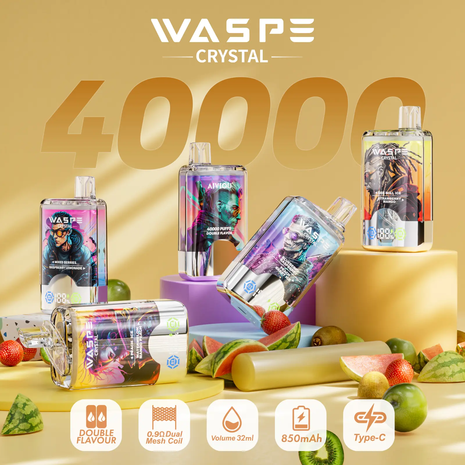 WASPE Crystal 40000 40K Puffs Double Taste LCD Display Disposable Vape(Box of 10)