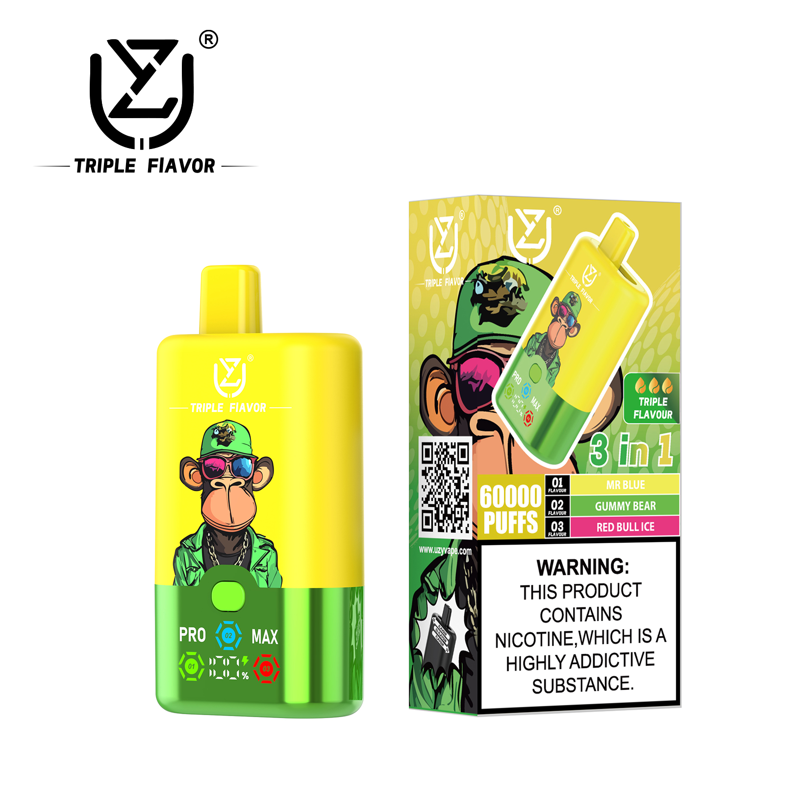 UZY Triple Flavor 60000 60K Puffs 3 in 1 Flavors Newest Original Rechargeable LED Display Disposable Vape(Box of 10)