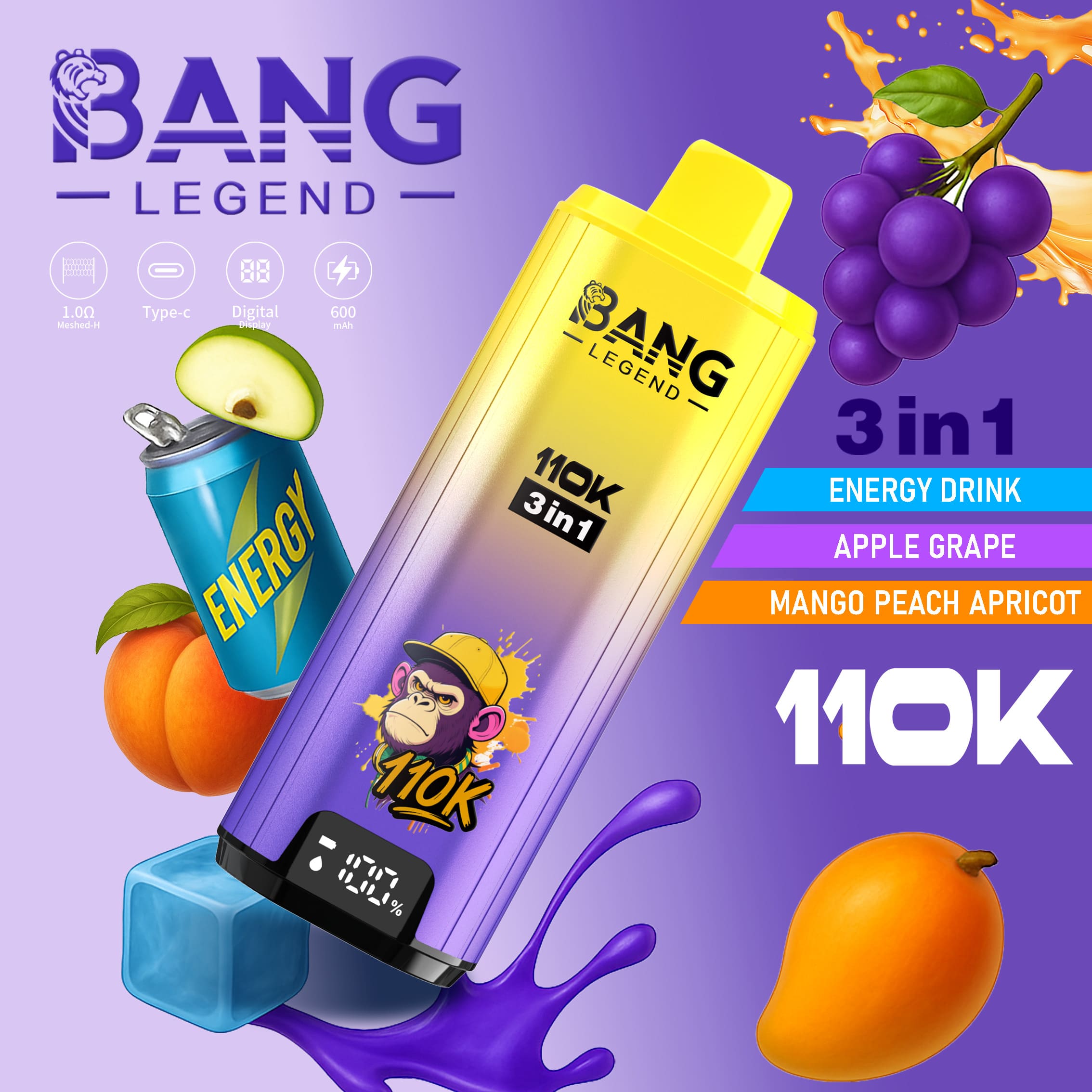 【New Arrive】Bang Legend 110000 Puffs 3in1 Vape – Ultra Long-Lasting, Mesh Coil, Type-C Charging