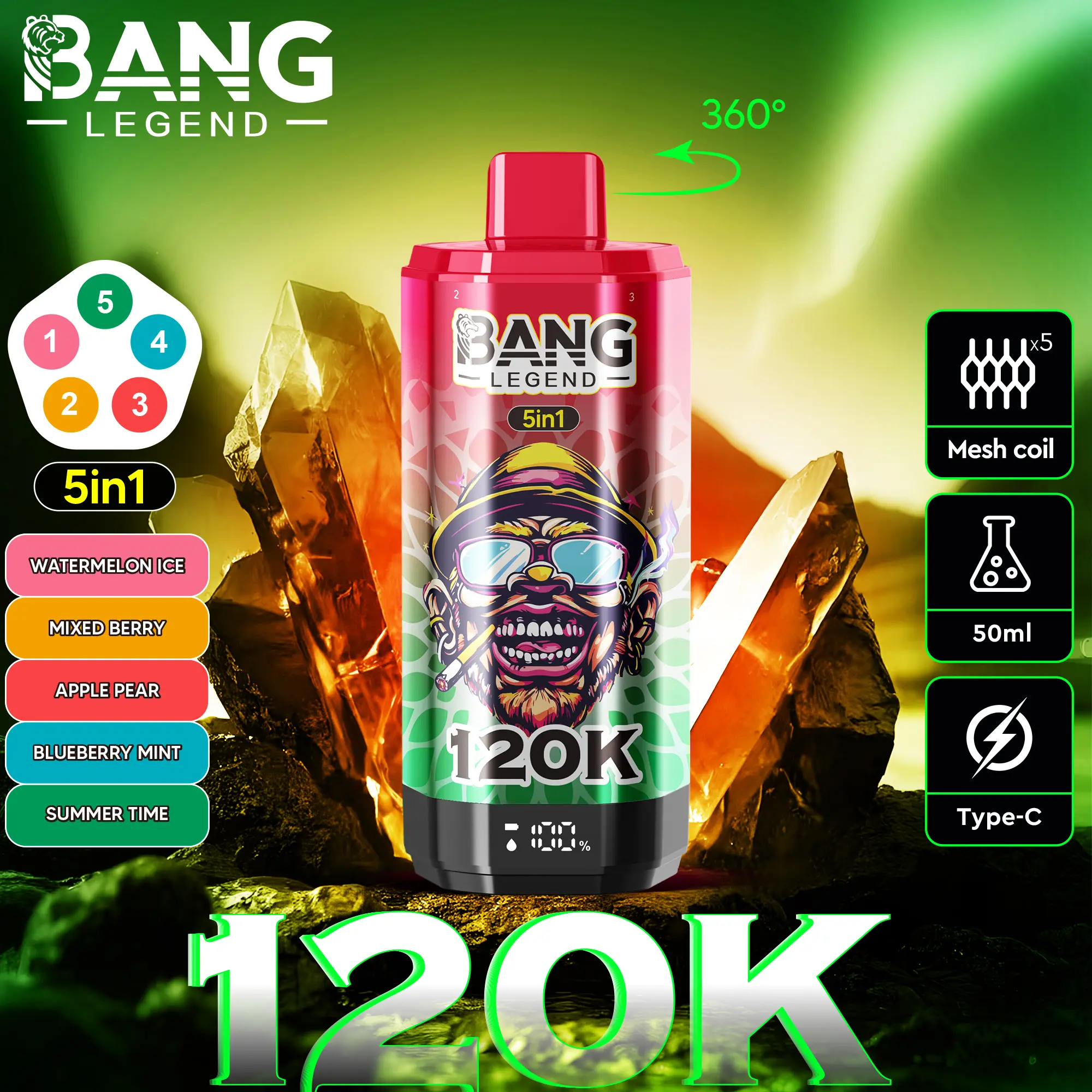 【New Arrive】Bang Legend 120000 120K Puffs 5 in 1 Flavors Newest Original Rechargeable LCD Display Disposable Vape