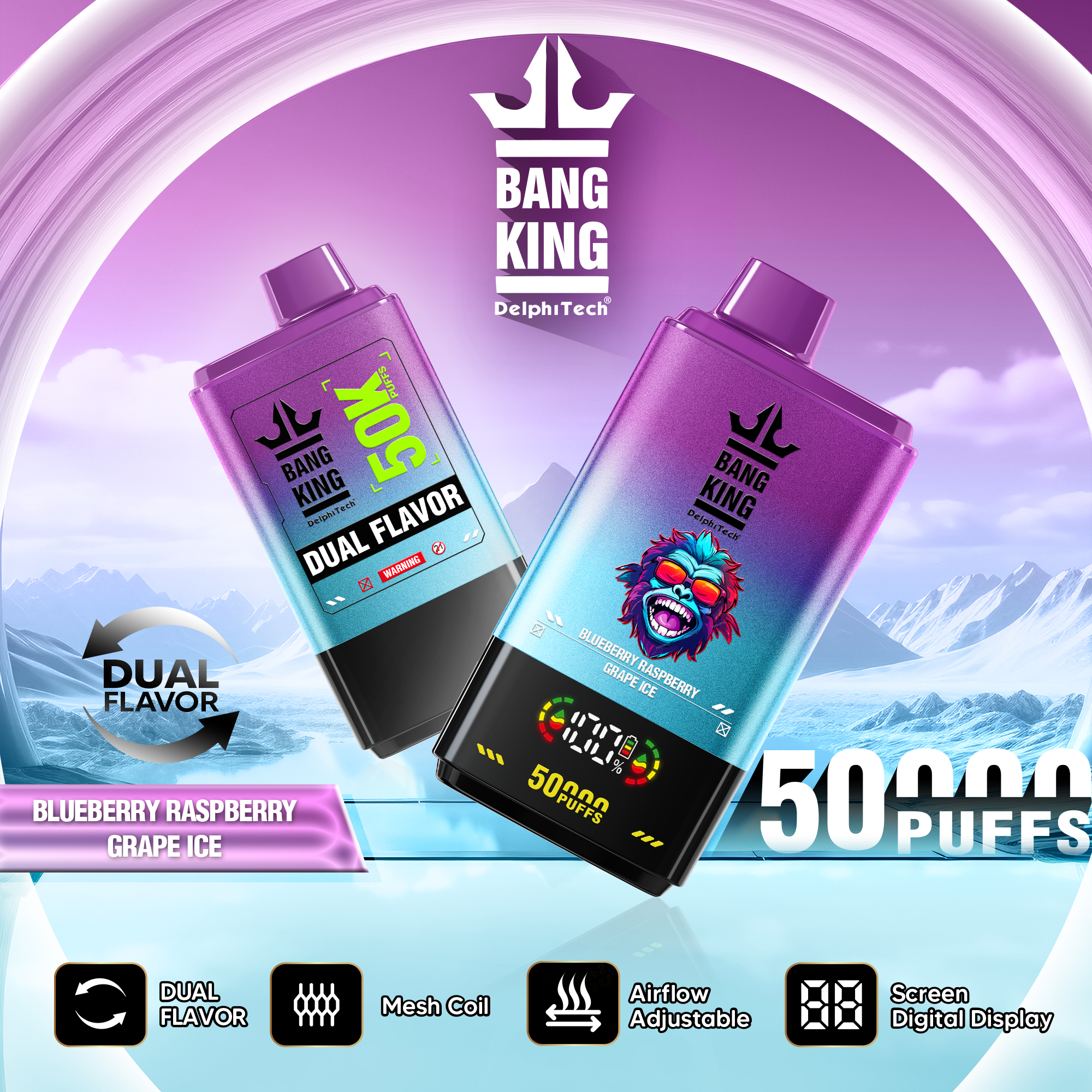 Bang King 50000 50k Puffs 2% 3% 5% Nicotine Double Taste LCD Display Disposable Vape
