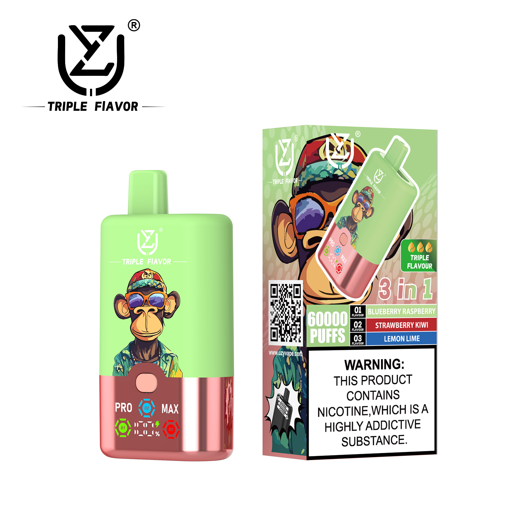 UZY Triple Flavor 60000 60K Puffs 3 in 1 Flavors Newest Original Rechargeable LED Display Disposable Vape(Box of 10)