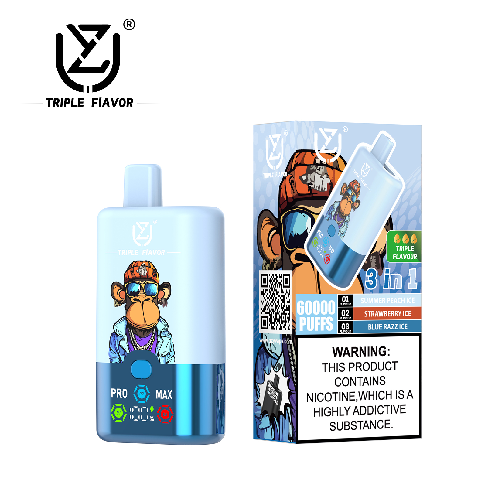 UZY Triple Flavor 60000 60K Puffs 3 in 1 Flavors Newest Original Rechargeable LED Display Disposable Vape(Box of 10)