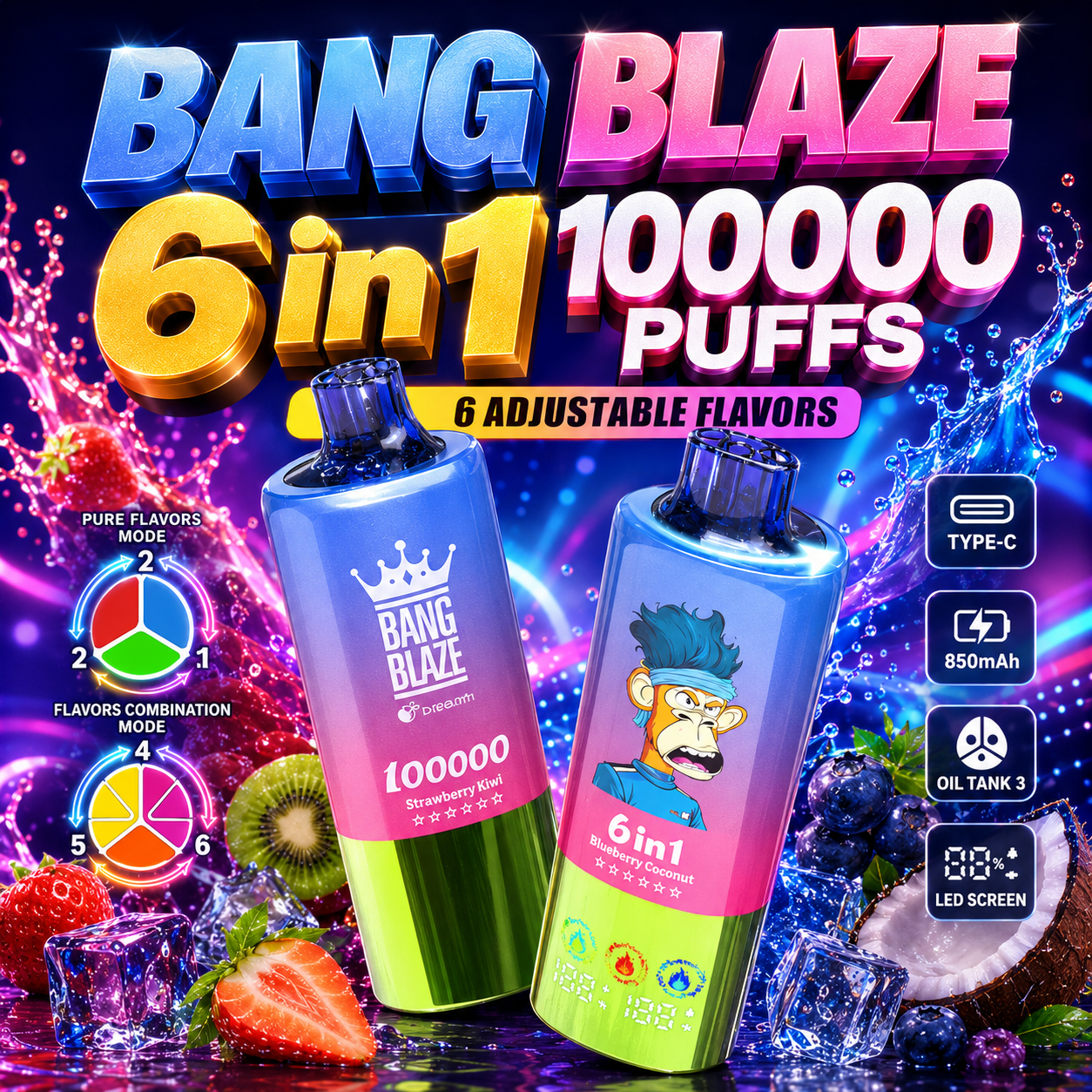 Bang Blaze 100k Puffs 6 in 1 Flavors Disposable Vape with LED Screen