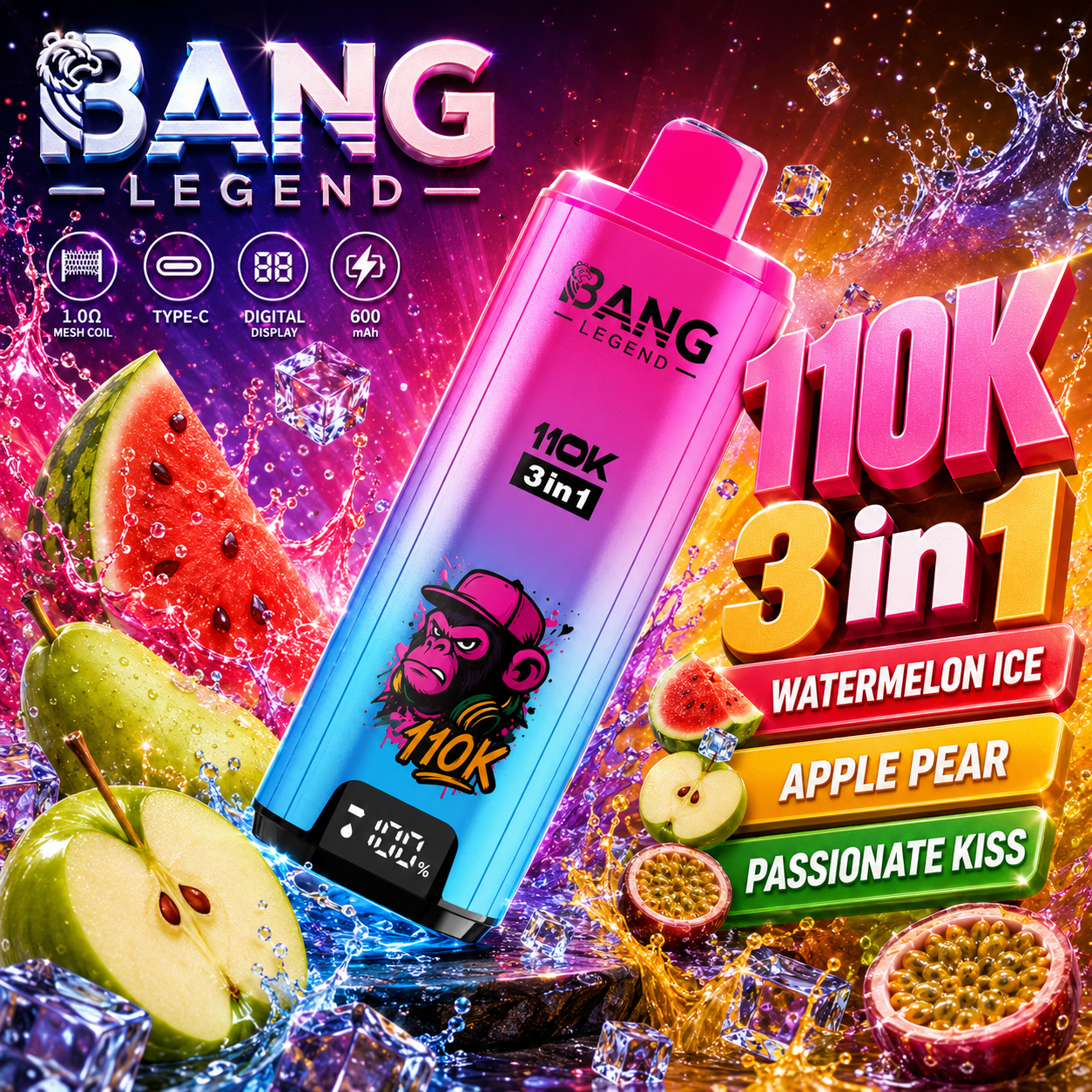 Bang Legend 110000 Puffs 3in1 Vape – Ultra Long-Lasting, Mesh Coil, Type-C Charging