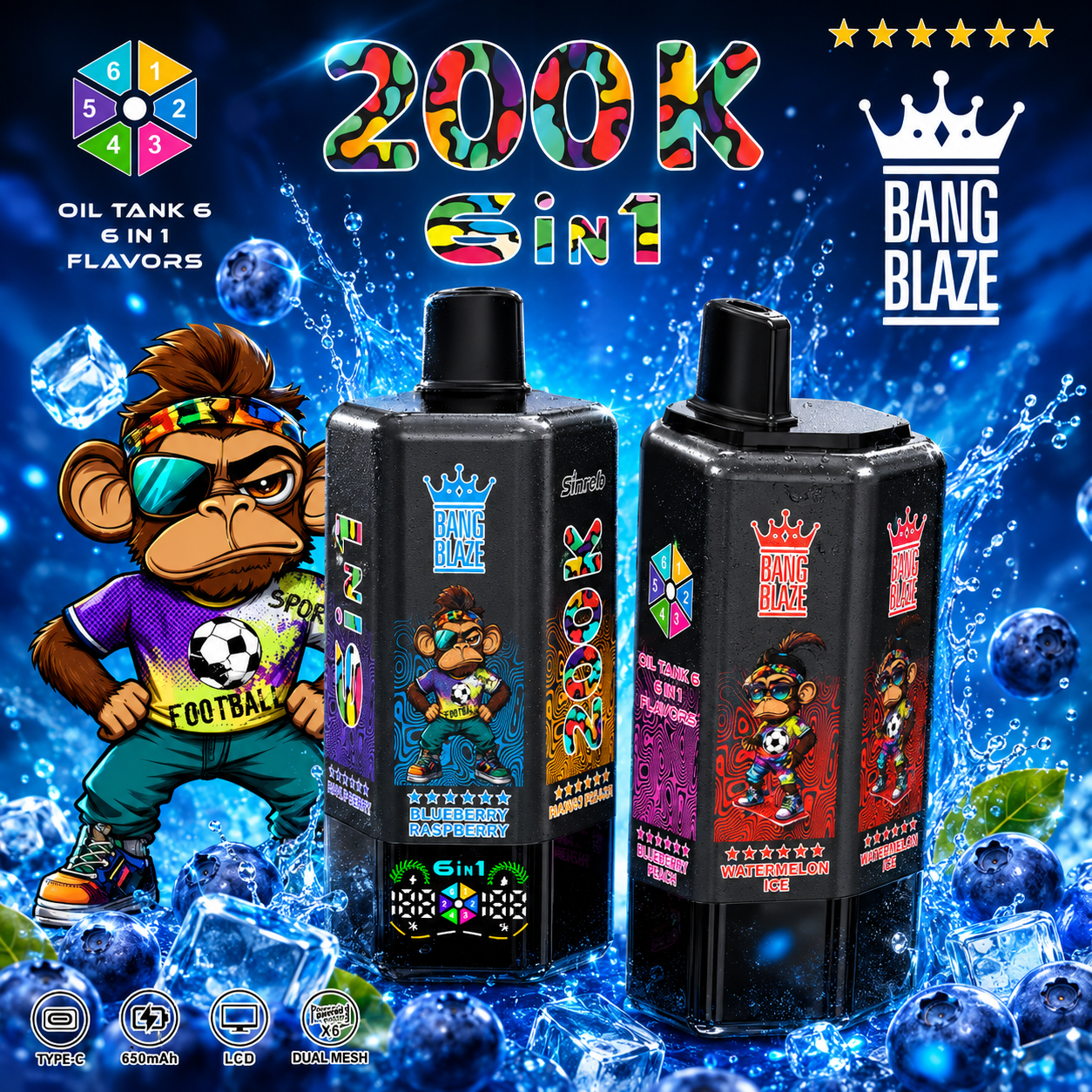 Bang Blaze 200000 200K Puffs 6 in 1 Flavors &  6 oil tanks Rechargeable LCD Display Disposable Vape