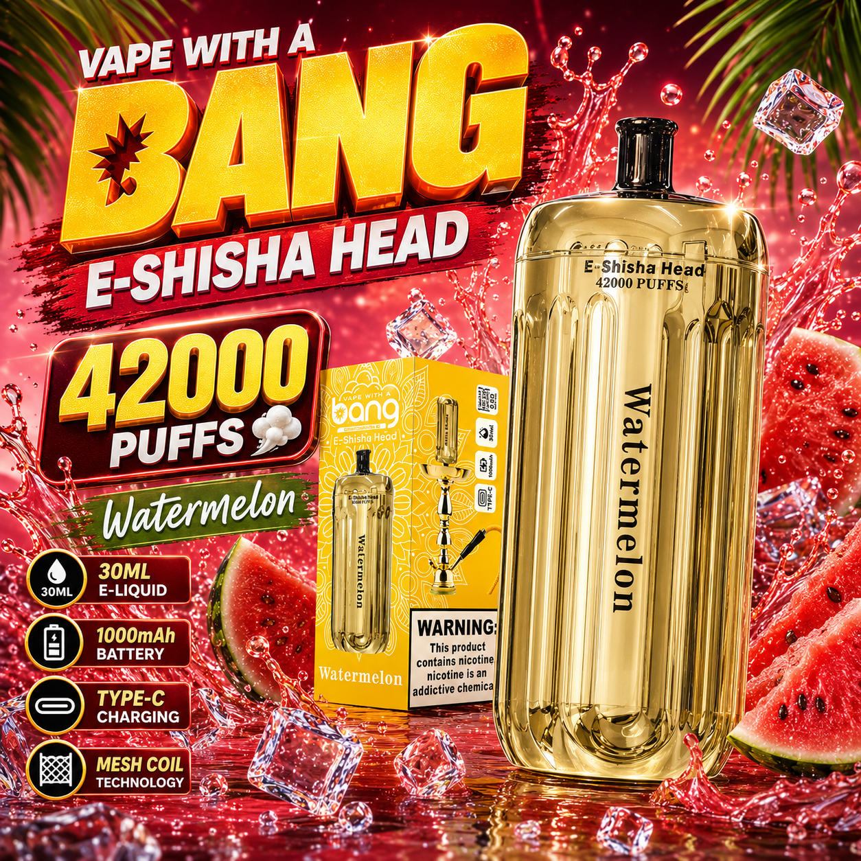 Bang E-Shisha Head 42000 42K Puffs Gold LED Display Disposable Vape(Box of 3)