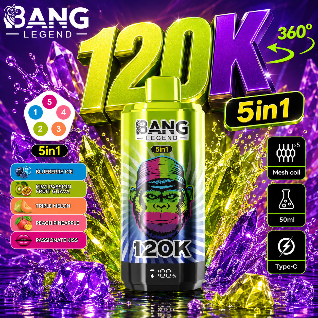 Bang Legend 120000 120K Puffs 5 in 1 Flavors Newest Original Rechargeable LCD Display Disposable Vape