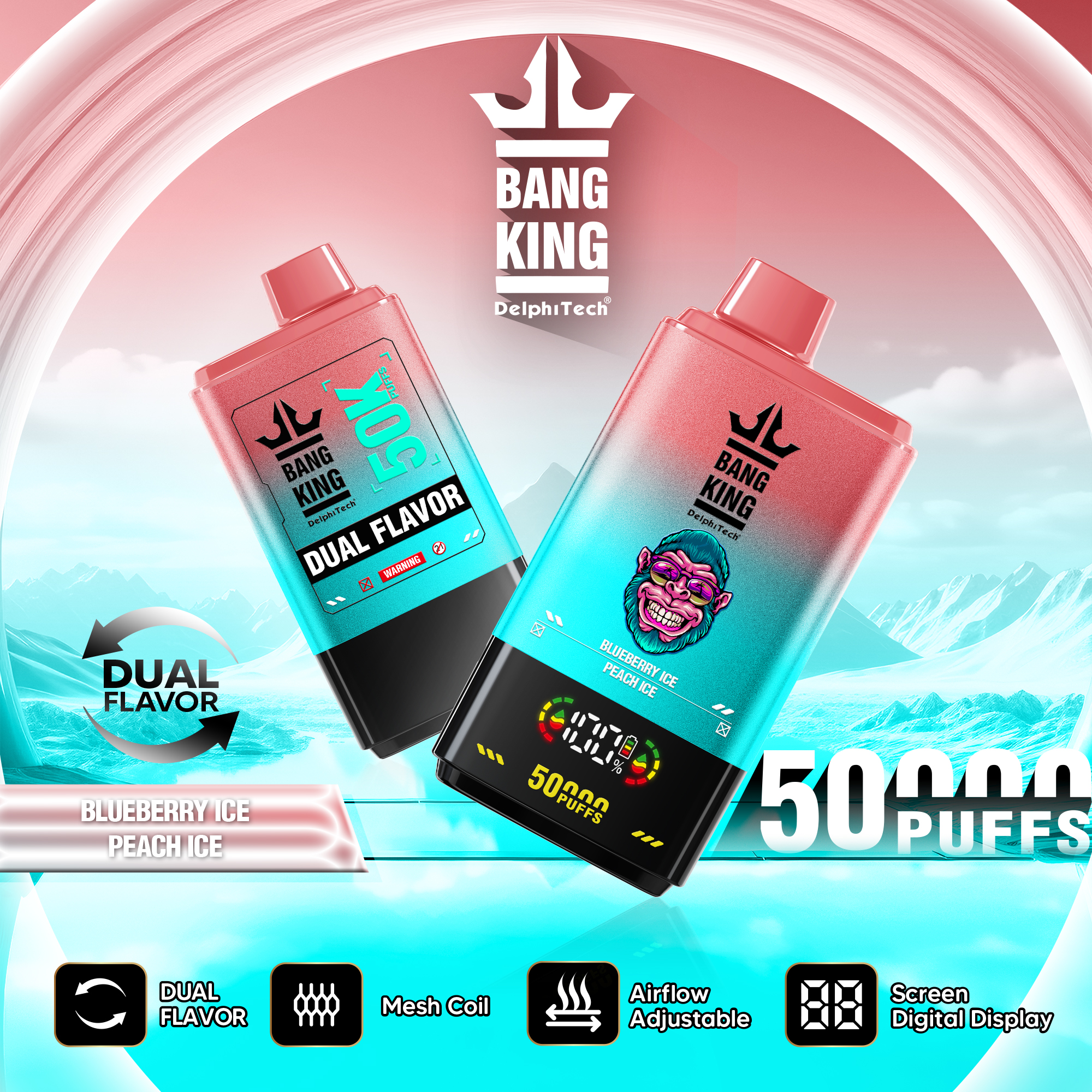 Bang King 50000 50k Puffs 2% 3% 5% Nicotine Double Taste LCD Display Disposable Vape