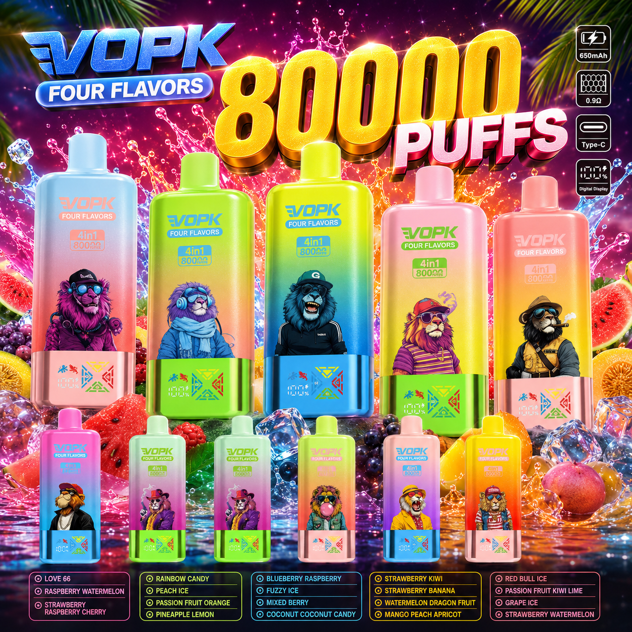 Vopk Four Flavors 80000 80K Puffs 4 in 1 Flavors Newest Original Rechargeable LCD Display Disposable Vape